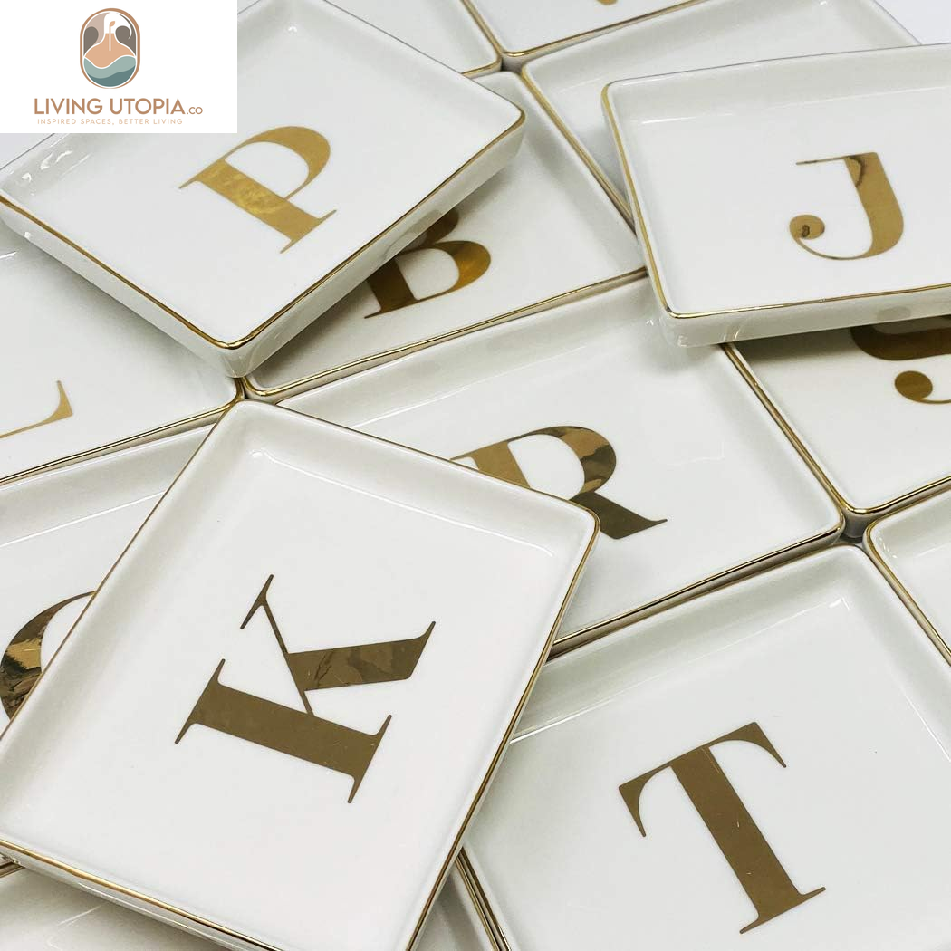 Jewelry Tray Ring Dish with Initial Gift | Personalized Jewelry Dish and Trinket Dish with Gold Initials Key Bowl Ceramic Holder (Letter W)