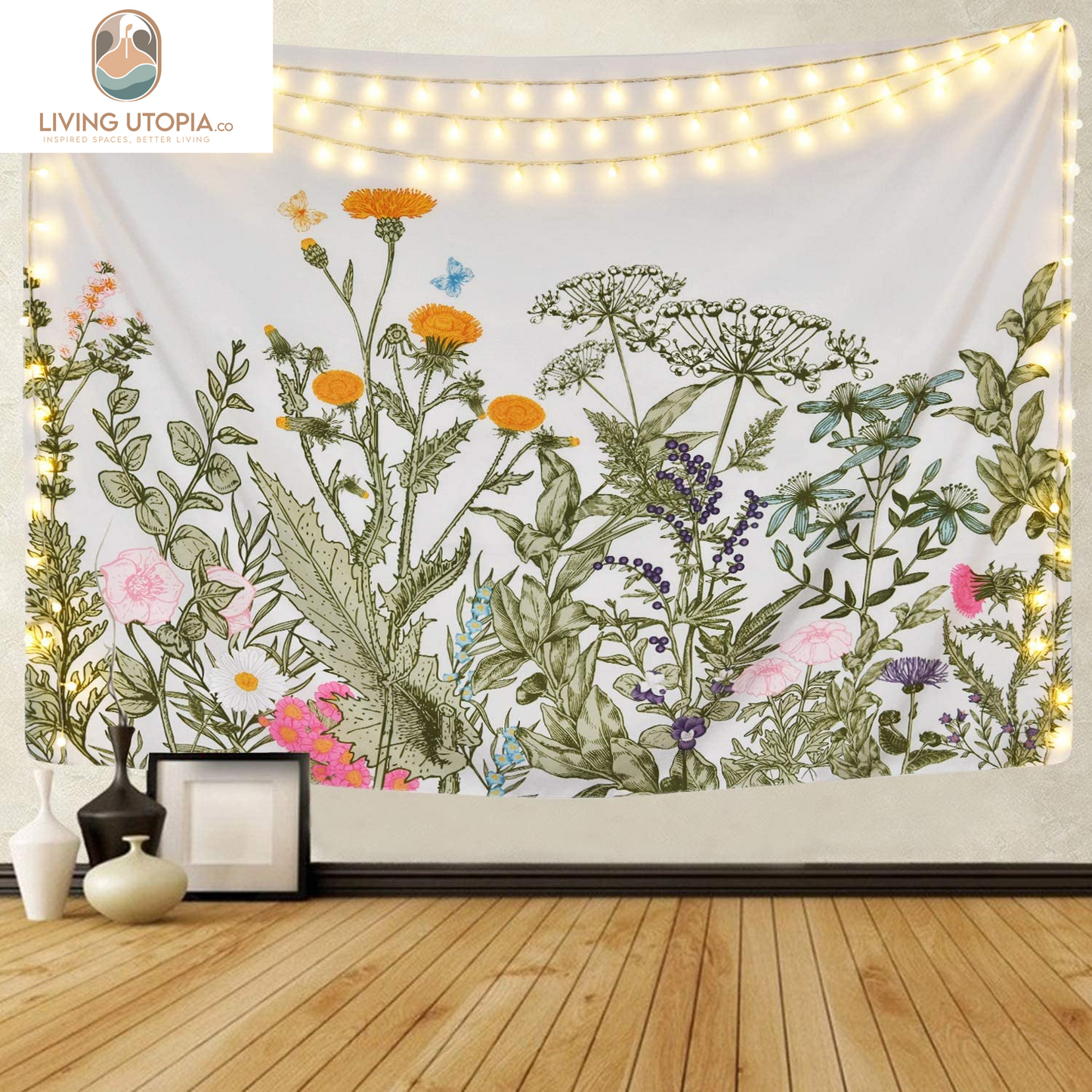 Colorful Floral Plants Tapestry Vintage Herbs Wild Flowers Wall Hanging Nature Scenery for Living Room Bedroom