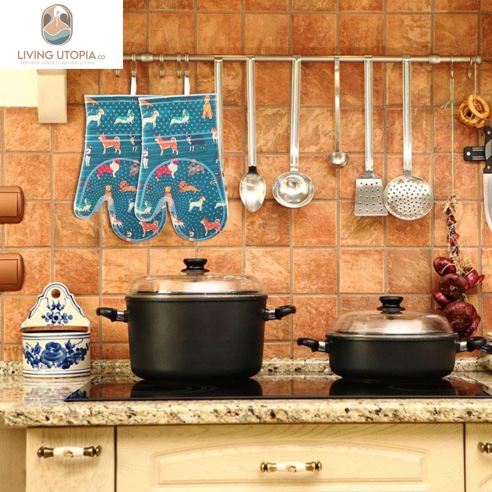 Oven Mitts Set of 2 with Transparent Clear Silicone Shell and Nice Dog Printing Cotton Lining, Heat Resistant to 500 F Kitchen Oven Gloves Pot Holder for Cooking (Blue)