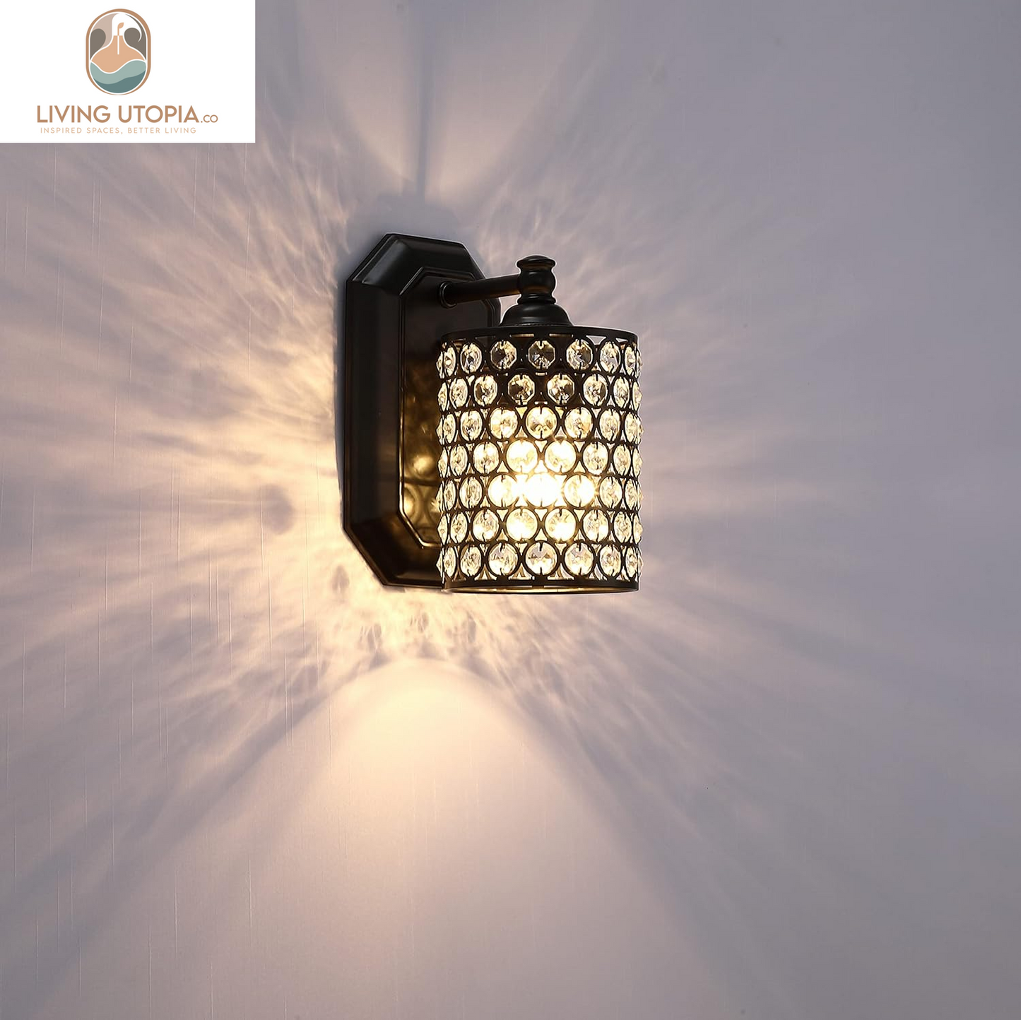 2 Pack 1 Light Crystal Wall Sconce Lighting with Black Finish,Modern Concise Style Wall Light Fixture Polyhedral Crystal Shade for Bathroom, Bedroom Living Room Bedside