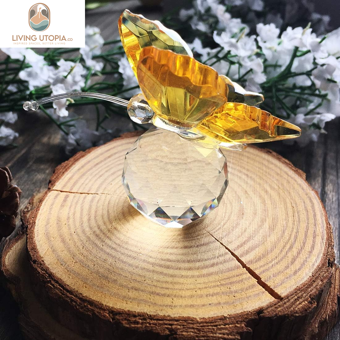 Crystal Flying Butterfly with Crystal Ball Base Figurine Collection Cut Glass Ornament Statue Animal Collectible (Yellow)