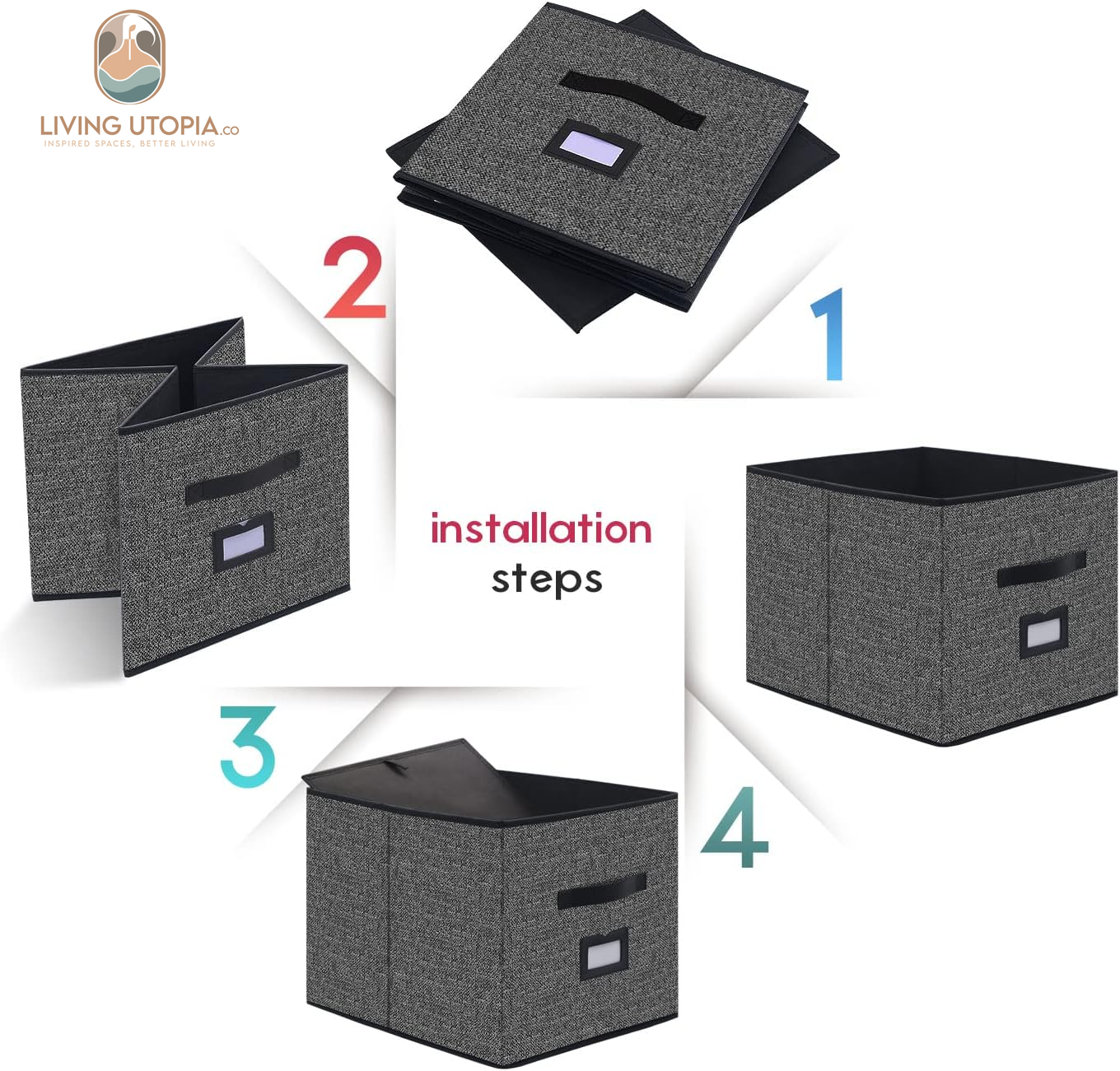 Extra Large Black Cloth Storage Cubes with Labels (Set of 4)