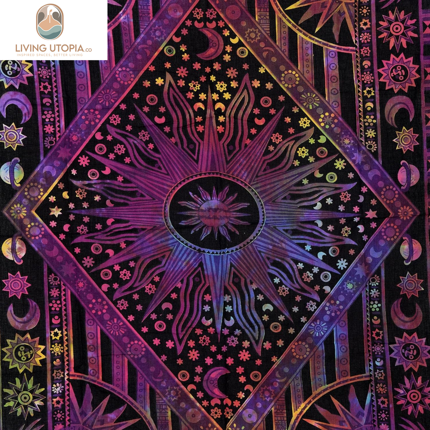 Burning Sun Tapestry Tie Dye Celestial Poster Aesthetic Bedroom Tapestries Moon Star Tarot Cotton Wall Hanging Boho Hippie Dorm Decor Beach Coverlet Curtain Blanket - Purple Multi 54"X82"