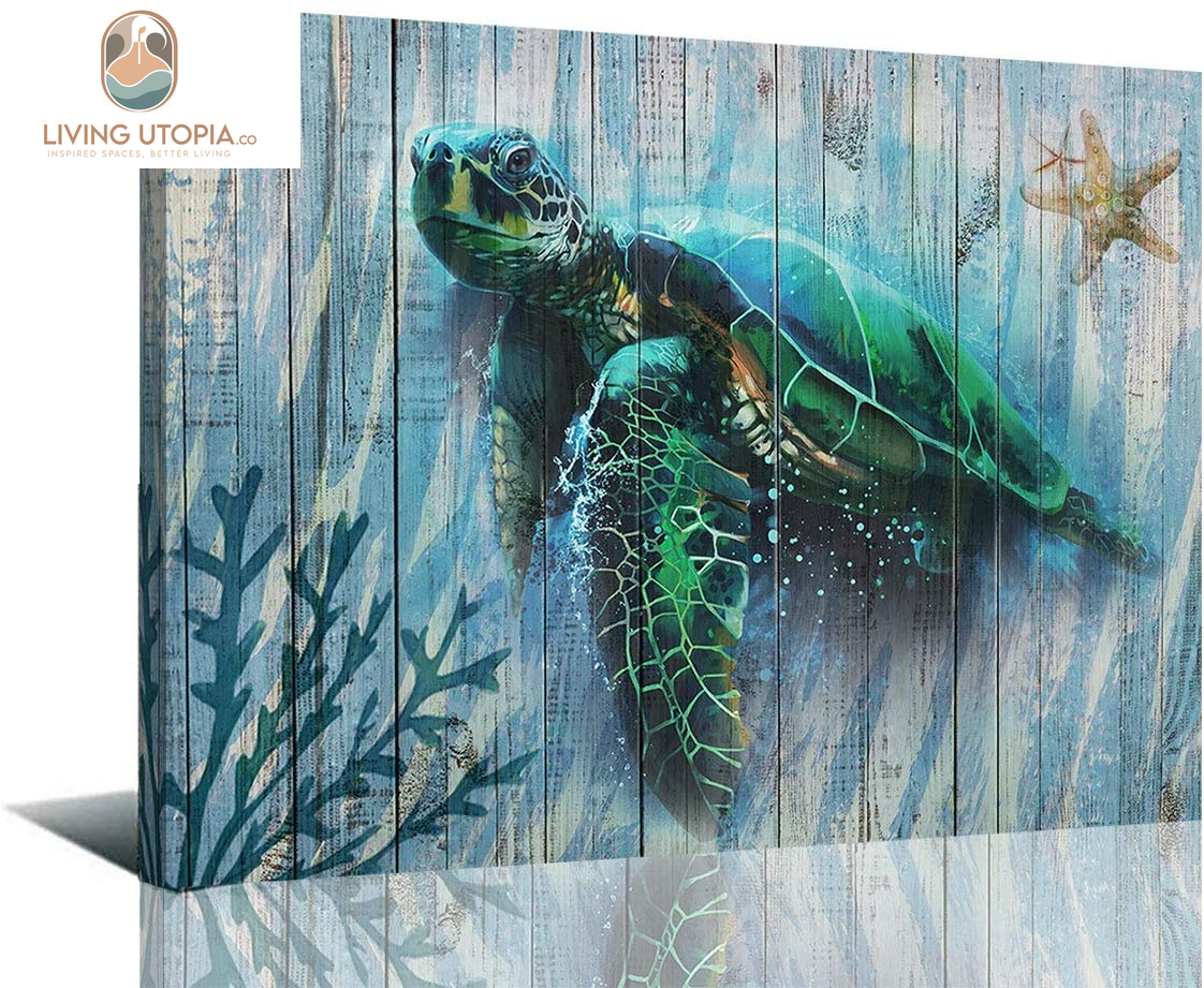 Bathroom Decor Blue Wall Art Canvas Green Sea Turtle Teal Submarine Picture, Blue Modern Landscape Painting Framed for Living Room Bedroom Home Office Wall Decor, 16"X12"