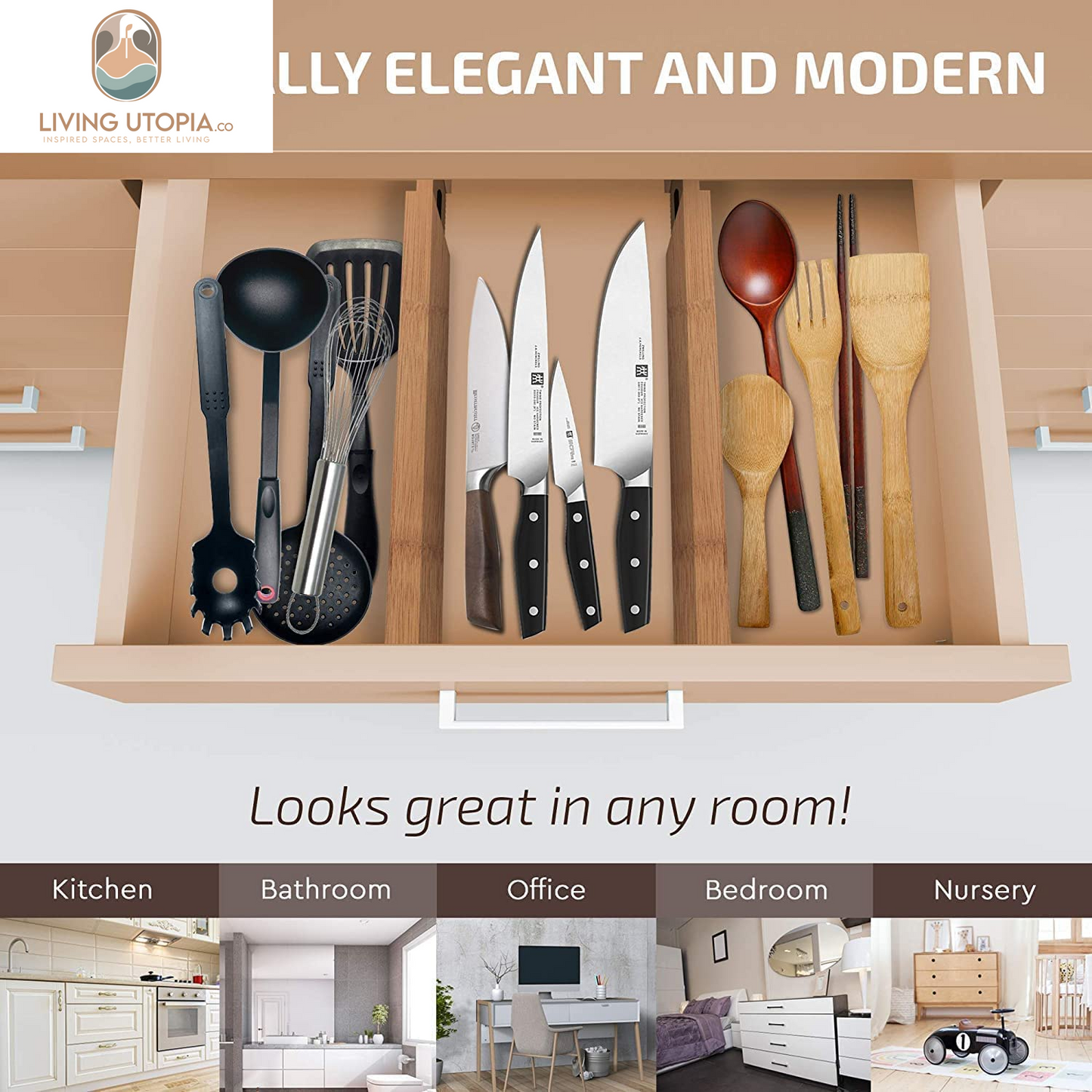 Large Kitchen Drawer Organizer - Expandable Bamboo Drawer Dividers (17" - 21.5") - Adjustable Separators for Kitchen, Clothes, Dresser, Bedroom, Bathroom, and Desk Drawers - 6-Pack