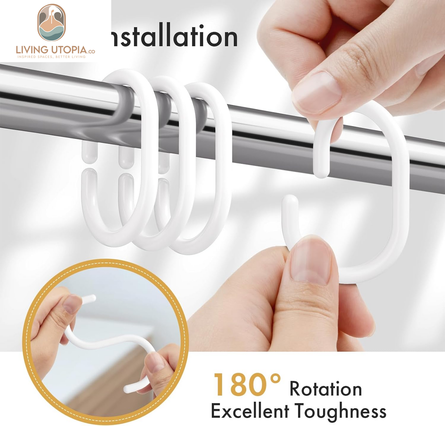 White Shower Curtain Hooks Rings, 24 Pcs Plastic Shower Curtain Rings, Plastic Shower Curtain Hooks for Bathroom Shower Rod, White Shower Hooks Rings Loops for Shower Curtain