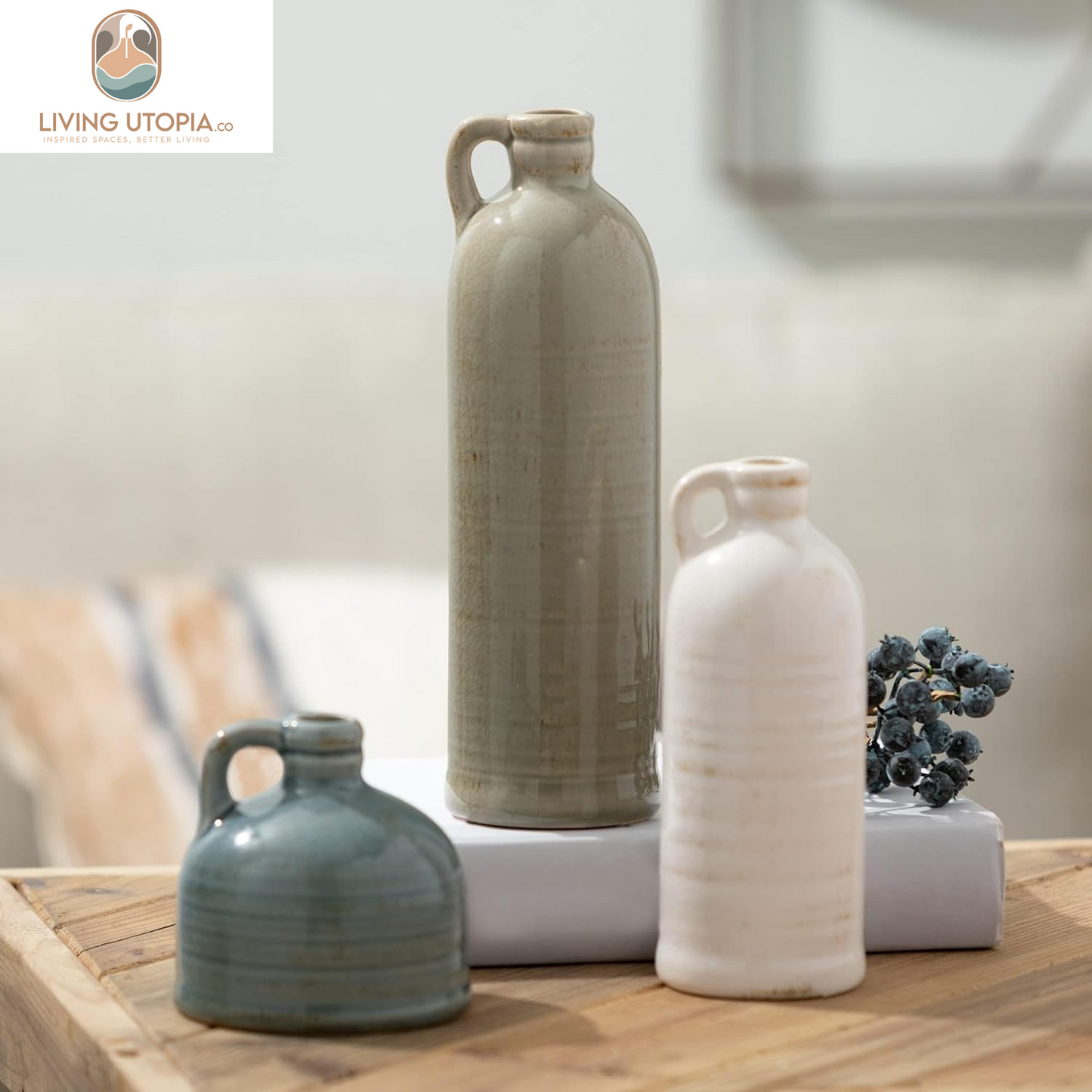 Ceramic Jug Vase Set, Farmhouse Decor, Kitchen, Bedroom, Office, Living Room, Bathroom, & Coffee Table Centerpiece Decorations, Vases for Decor, Mantle & Shelf (CM2431)