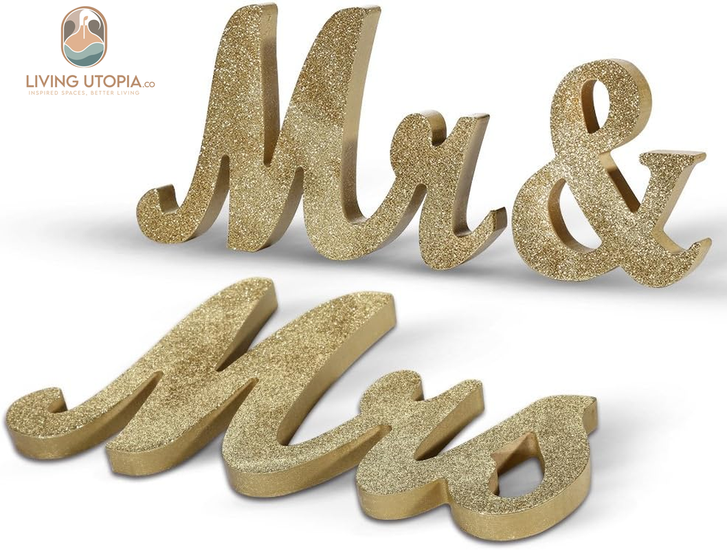 Mr and Mrs Signs Wedding Sweetheart Table Decorations Glitter Wooden Freestanding Letters for Photo Props, Rustic Wedding Decoration, Anniversary Wedding Shower Gift (Golden)