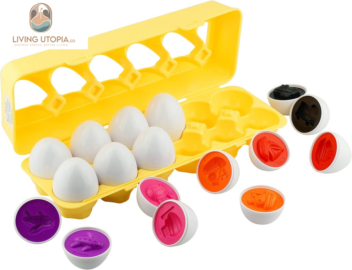12 Vehicle Car Egg Matching Toy Play Matching Eggs Easter Toy W/Holder - Egg Toys for Toddlers STEM Egg Toys -Colors & Shapes Recognition Gift for Kids -Educational Color Sorting Toy