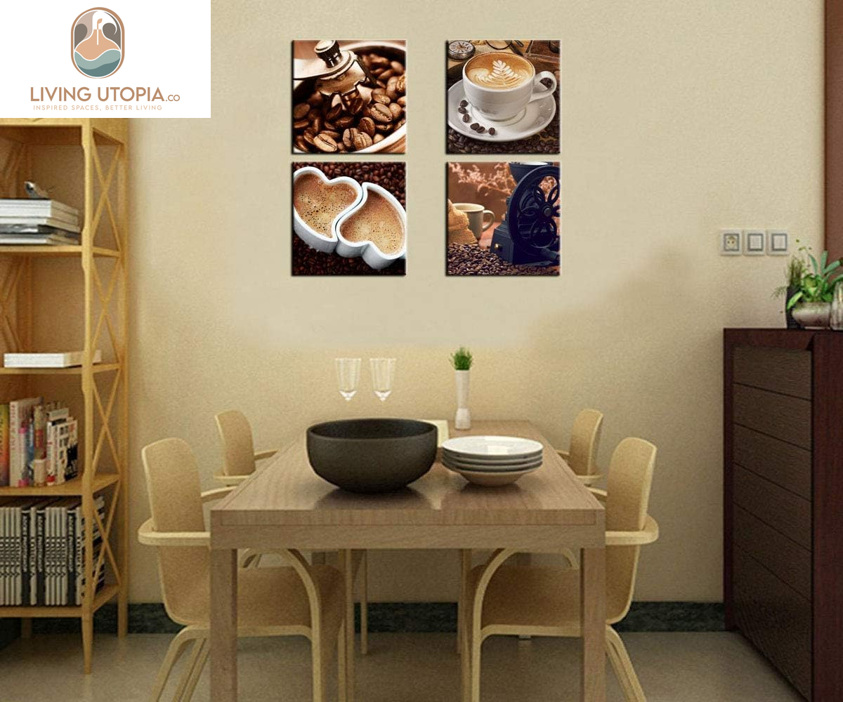 Kitchen Canvas Wall Art Coffee Bean Coffee Cup Coffee Grinder Canvas Pictures Large Modern Artwork Prints for Dining Room Home Decorations 16" X 16" X 4 Pieces Framed Ready to Hang