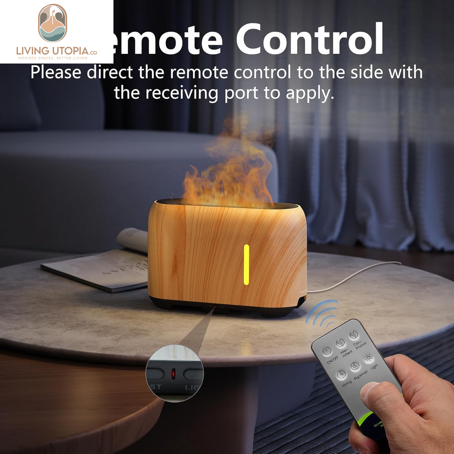 Upgraded Flame Essential Oil Diffuser, Aromatherapy Air Diffuser with Remote Control, RGB Fire Cool Mist Scent Diffuser/Humidifier for Home Office with Timer, 2 Mist Modes, Auto Off-White Birch