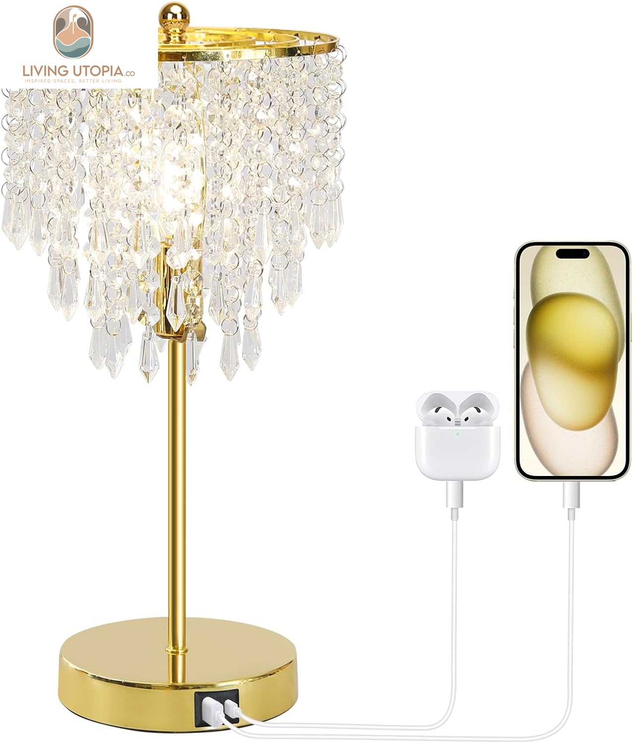 Touch Control Crystal Table Lamp with USB C+A Ports, 3-Way Dimmable Gold Lamp, Bedside Light with Crystal Shade, Girls Lamp for Bedroom, Living Room, Teens Room, Dresser, 6W LED Bulb Included