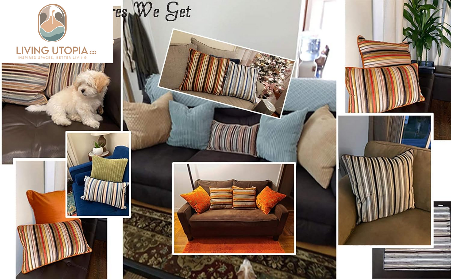 Brown Striped Throw Pillow Cover Multicolor Velvet Cushion Cover Zippered Rectangular Pillowcase for Sofa Couch Bedroom Living Room Home Decoration, 12X20 Inch
