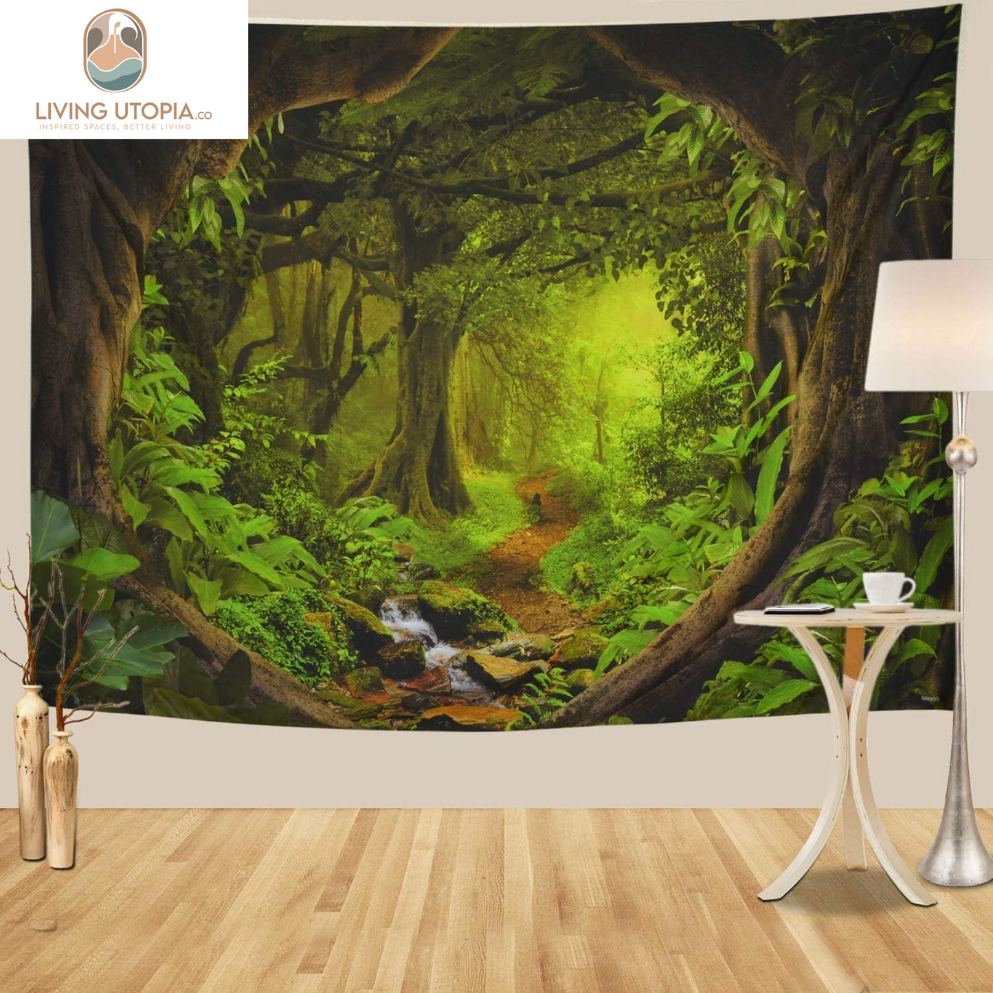 Forest Nature Tapestry - Tree Cave Wall Hanging, Misty Forest Stream through Rainforest Landscape, Jungle Creek Psychedelic for Living Room