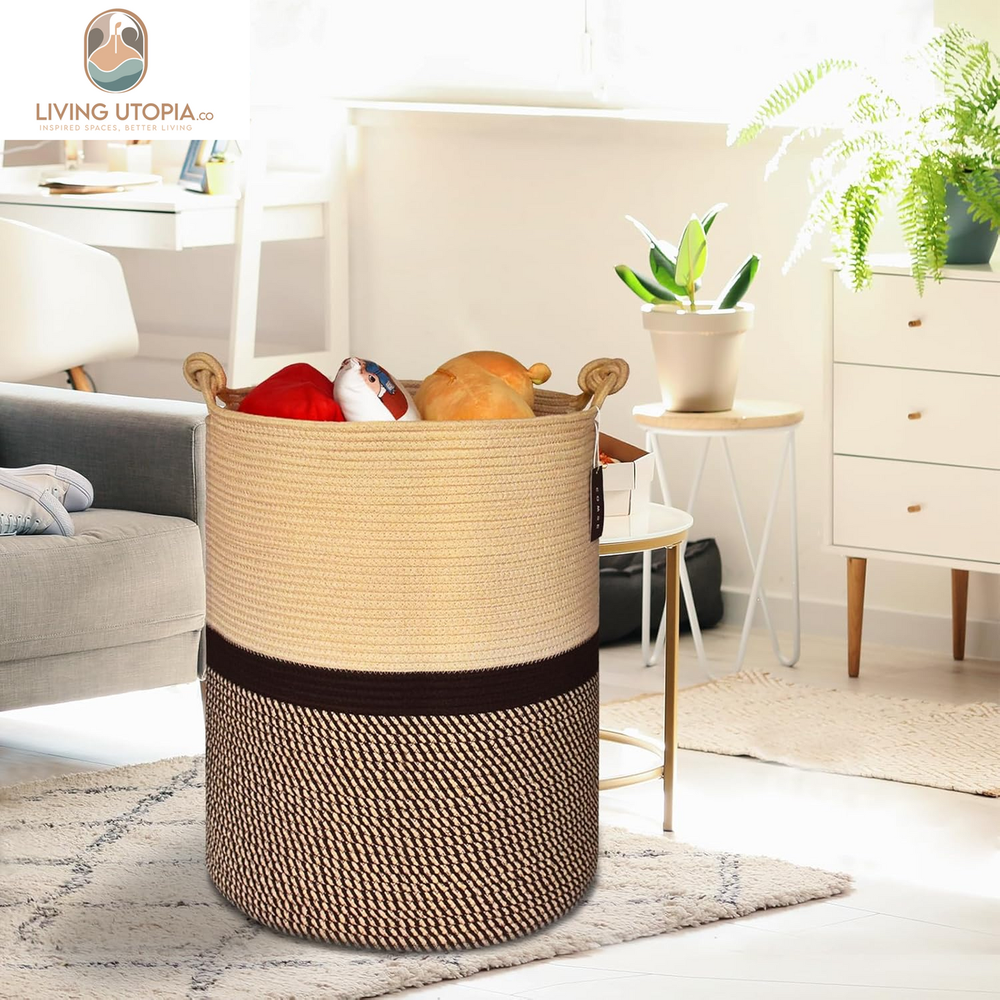 Extra Large Blanket Basket, Tall Storage Basket,15.7”X 21.7”, Large Laundry Basket, Tall Basket, Rope Basket, XXXL Laundry Basket, Toy Basket, Woven Basket, Clothes Baskets, Blend Brown/Black