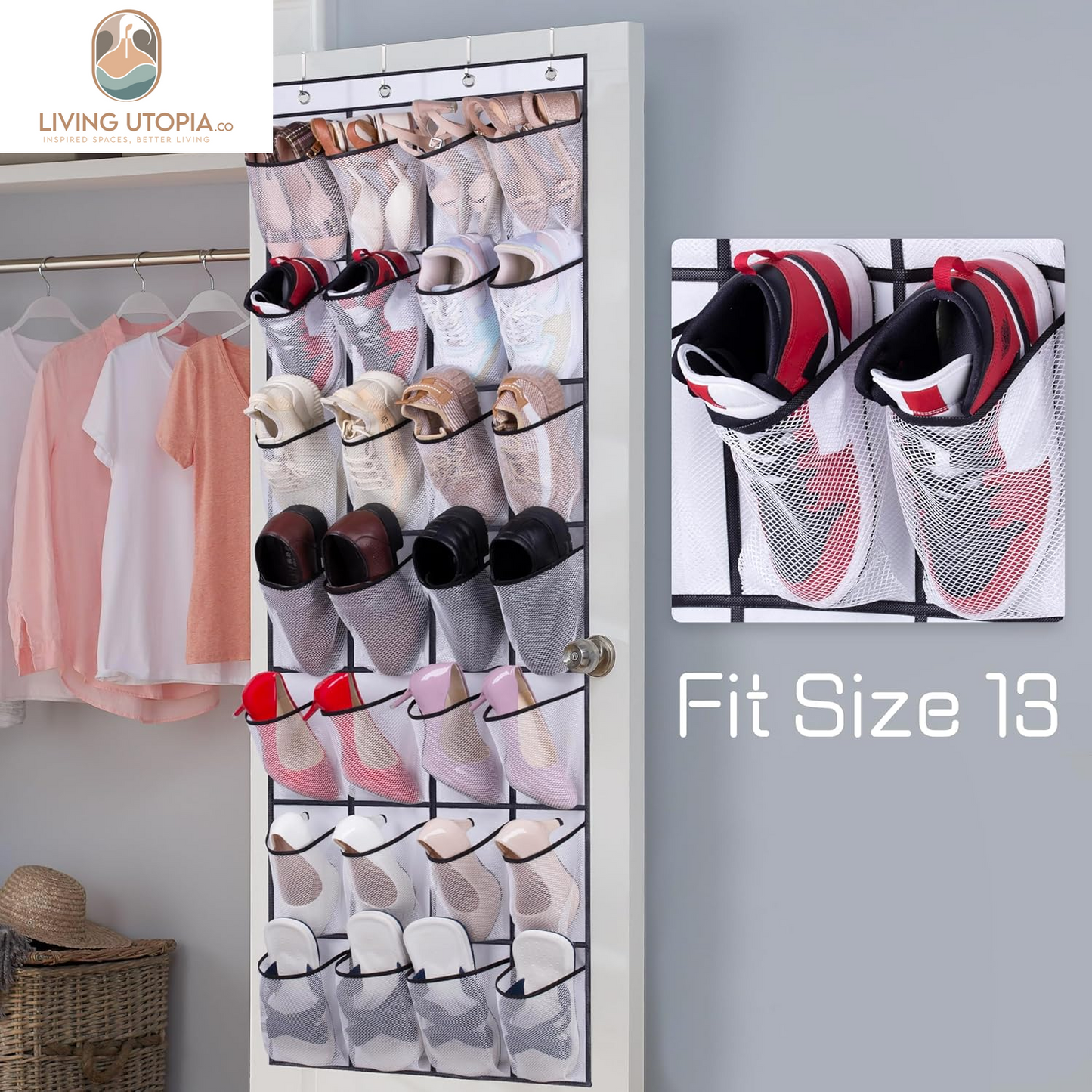 28 Large Mesh Pockets over the Door Shoe Rack, Hanging Shoe Organizer for Closet Hanging Sneaker Holder Hanger, White