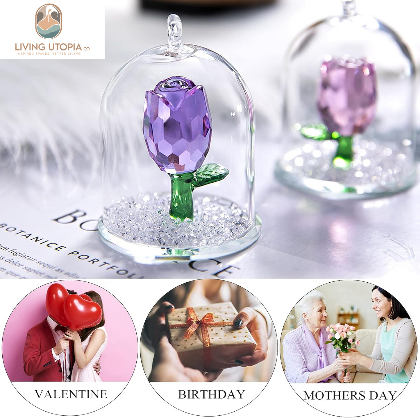 H&D Crystal Enchanted Rose Flower Figurine Dreams Ornament in a Glass Dome Gifts for Her (Purple)
