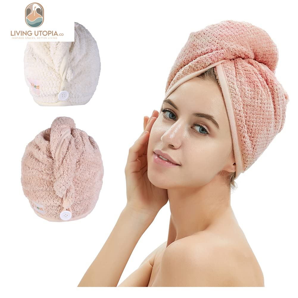 2 Pack Microfiber Hair Towel Wrap,Hair Drying Towel with Button, Towel Turban,Head Towel to Dry Hair Quickly (Pink&Beige)
