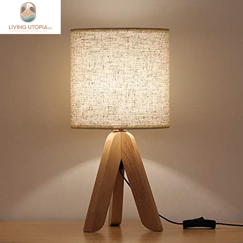 Small Bedside Table Lamp - Wooden Tripod Nightstand Lamp for Bedroom, Living Room, Office, Home with Fabric Linen Shade - 13.4 Inches (Without Bulb)