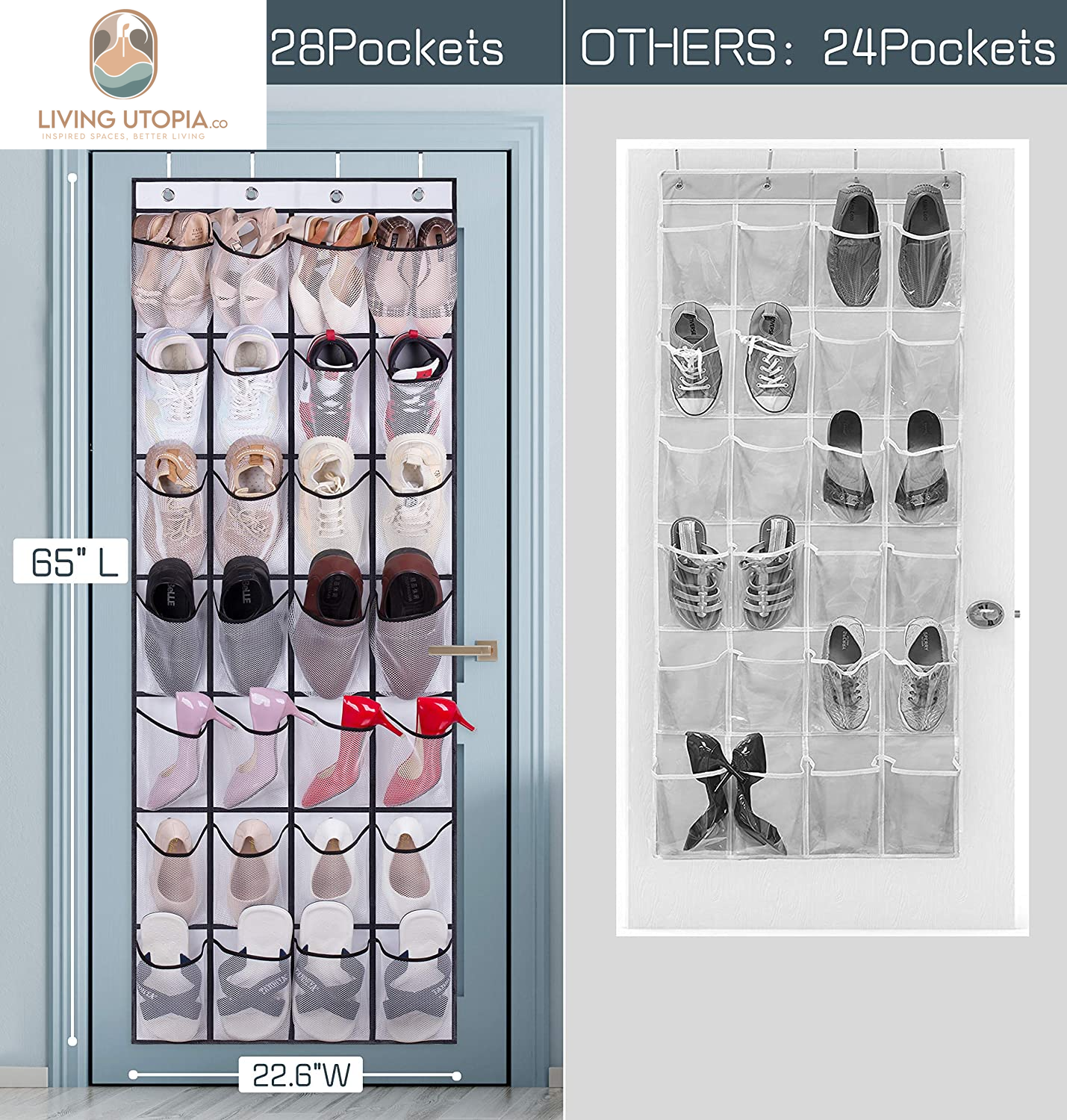 28 Large Mesh Pockets over the Door Shoe Rack, Hanging Shoe Organizer for Closet Hanging Sneaker Holder Hanger, White