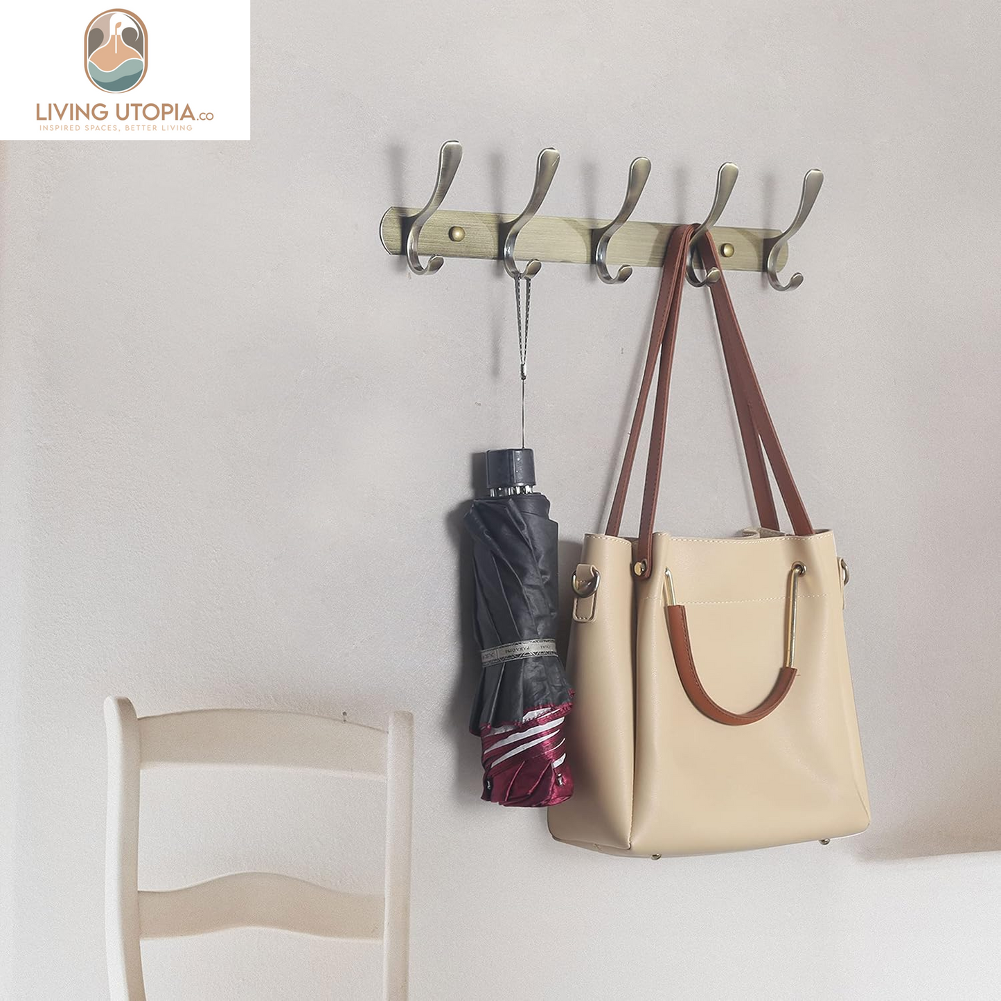 Coat Rack Wall Mount - Modern, Metal Wall Coat Rack with 5 Hooks, Sturdy Wall Hook Rack Rail for Hanging Coat, Jacket, Clothes, Hat, Bronze