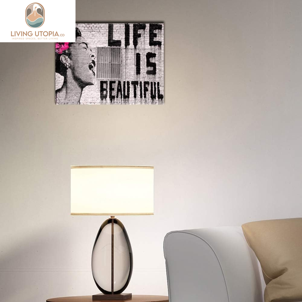 Banksy Life Is Beautiful Modern Gallery Wrapped Giclee Canvas Prints Artwork Grey Love Abstract Pictures Paintings on Canvas Wall Art Ready to Hang for Bedroom Home Office Decorations