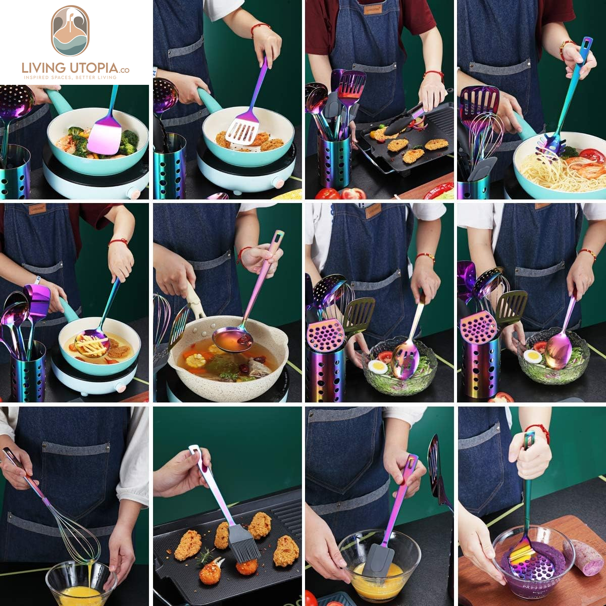 Rainbow Kitchen Utensils Set,13 Pieces Stainless Steel Cooking Utensils Set with Titanium Rainbow Plating,Kitchen Tools Set with Utensil Holder for Non-Stick Cookware Dishwasher Safe (13 Packs)