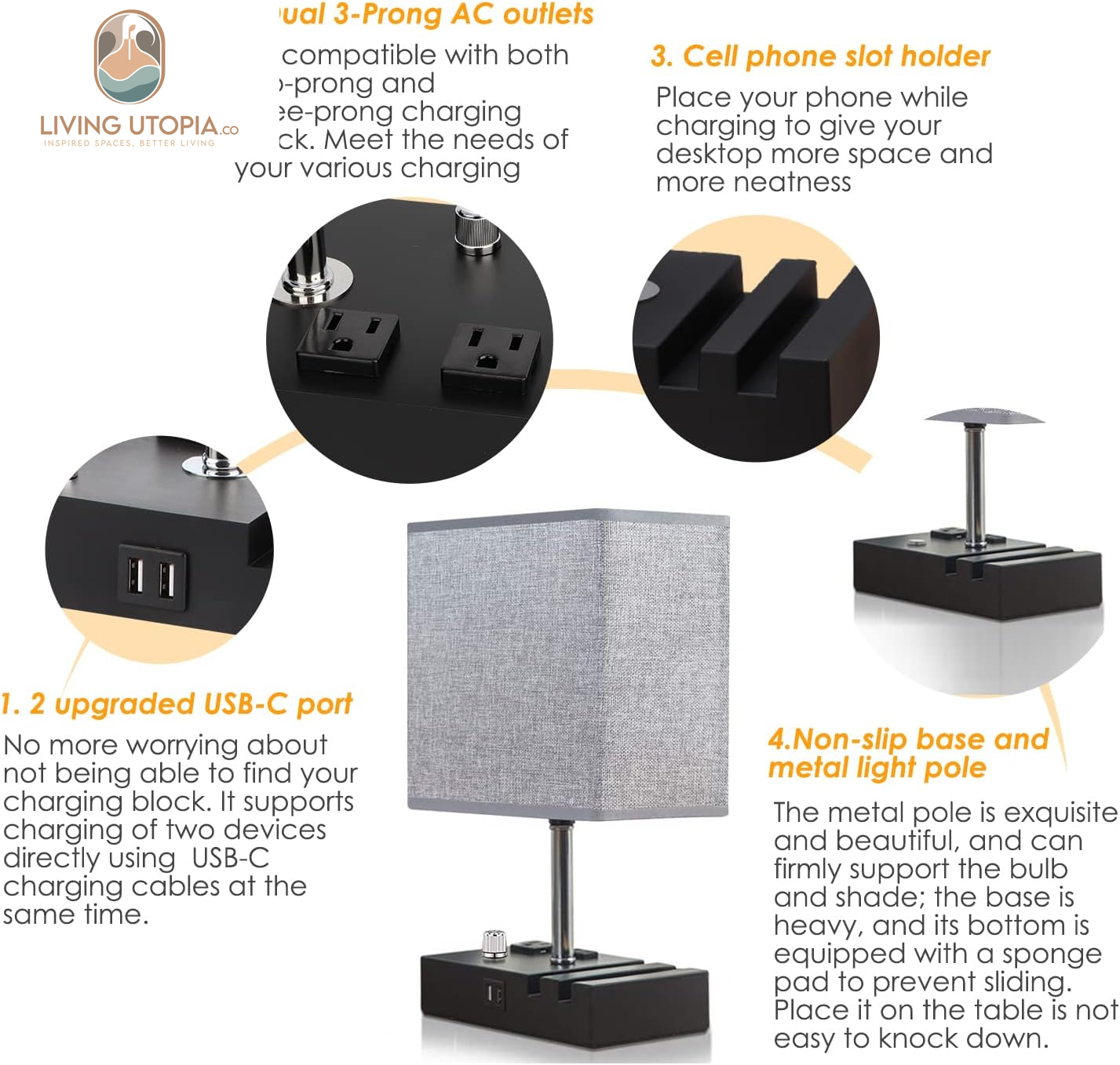 Fully Dimmable Table Lamp, Lamp for Bedroom 2 USB Ports, Bedside Lamps with 2 AC Outlet and Phone Slots, Small Table Lamp for Living Room, Grey Nightstand Lamp for Reading, LED Bulb Included