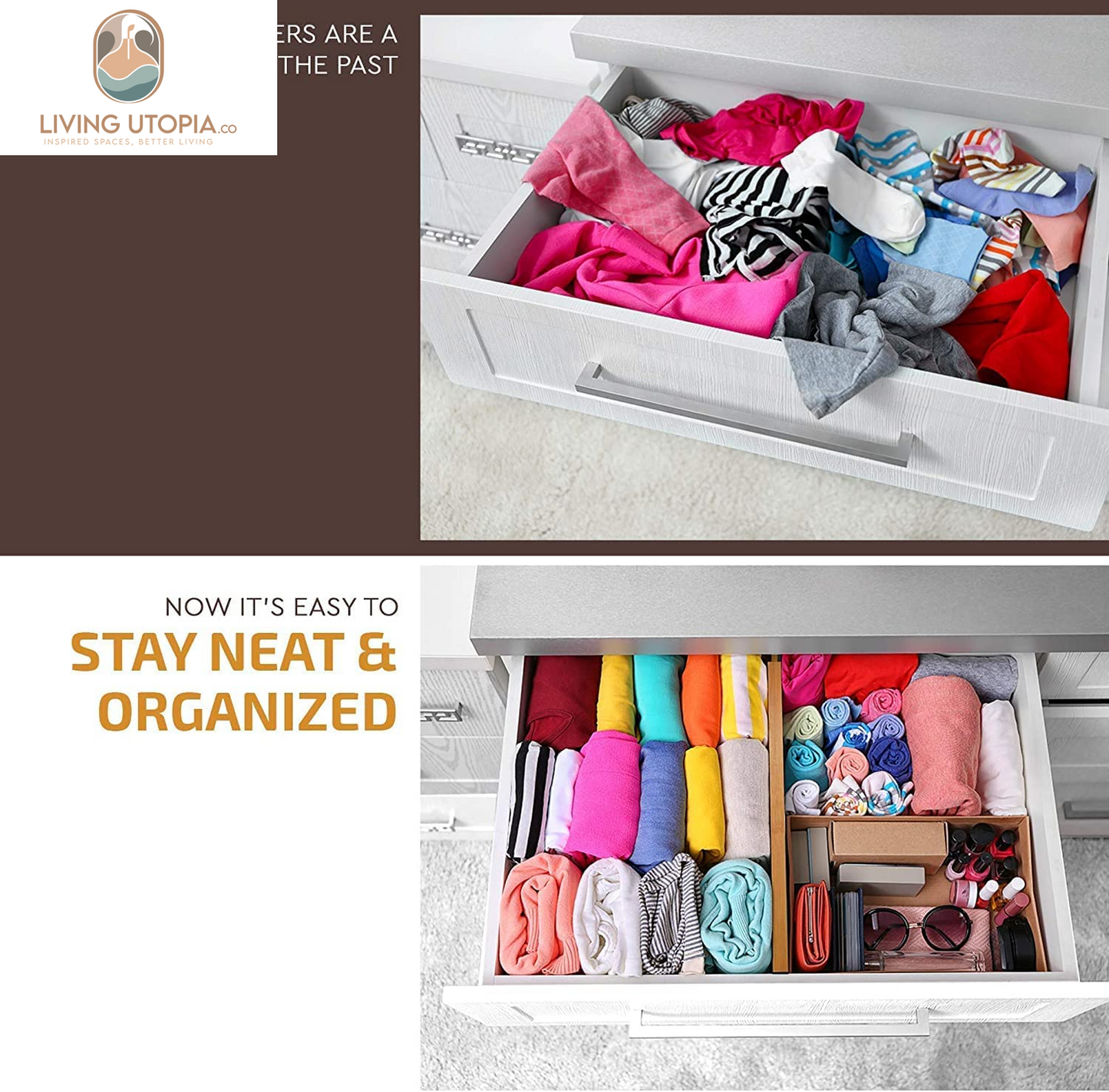 Large Kitchen Drawer Organizer - Expandable Bamboo Drawer Dividers (17" - 21.5") - Adjustable Separators for Kitchen, Clothes, Dresser, Bedroom, Bathroom, and Desk Drawers - 6-Pack