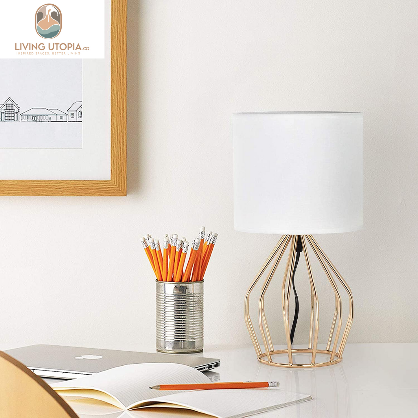 Gold Table Lamp - Modern Style Desk Lamp with Hollowed Out Base Linen Fabric Shade, Small Golden Bedside Lamp for Bedrooms, Living Room