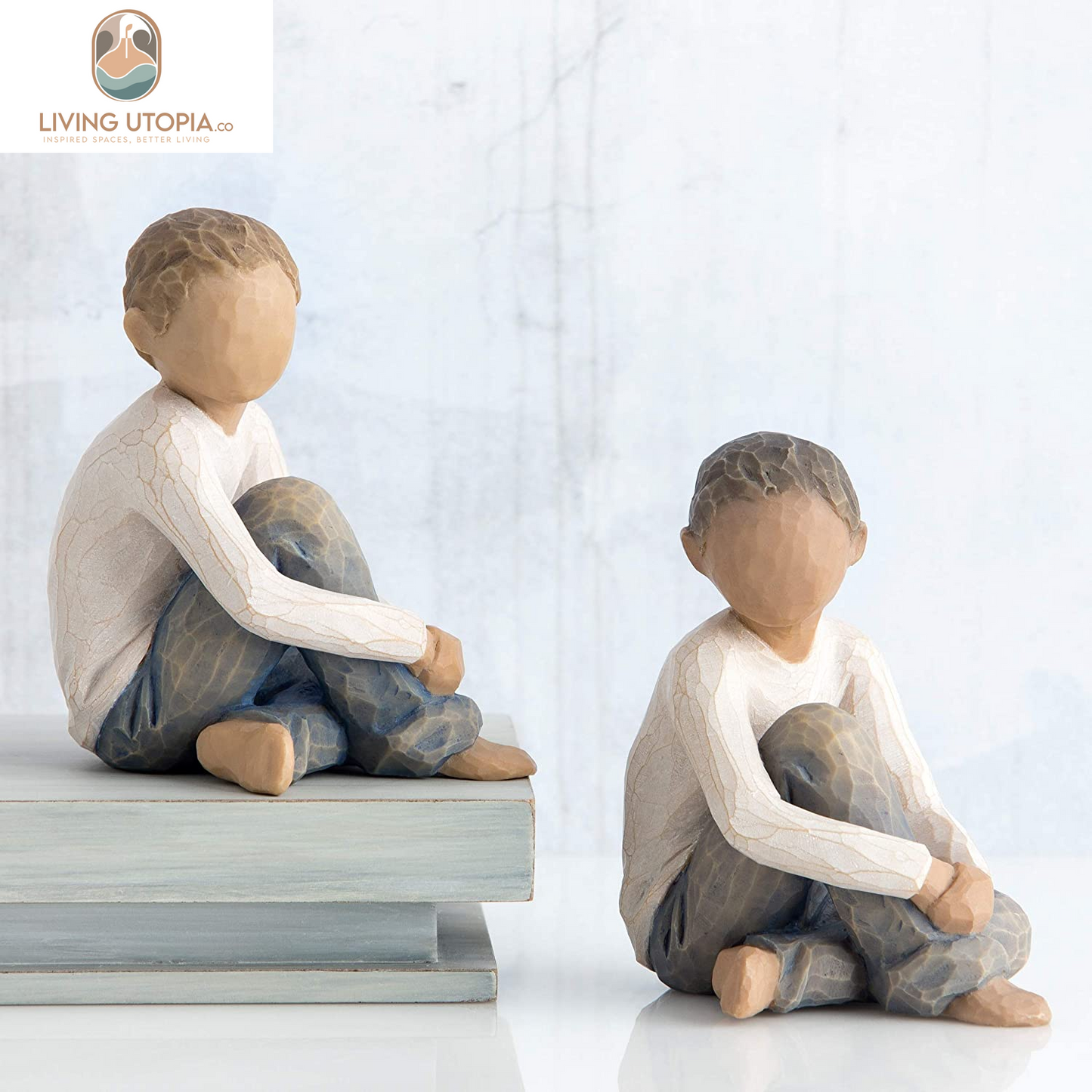 Caring Child, Nurtured by Your Loving Care, Seated Boy Figure in Blue Jeans, Works Well in Groupings That Reflect Family Relationships, Sculpted Hand-Painted Figure