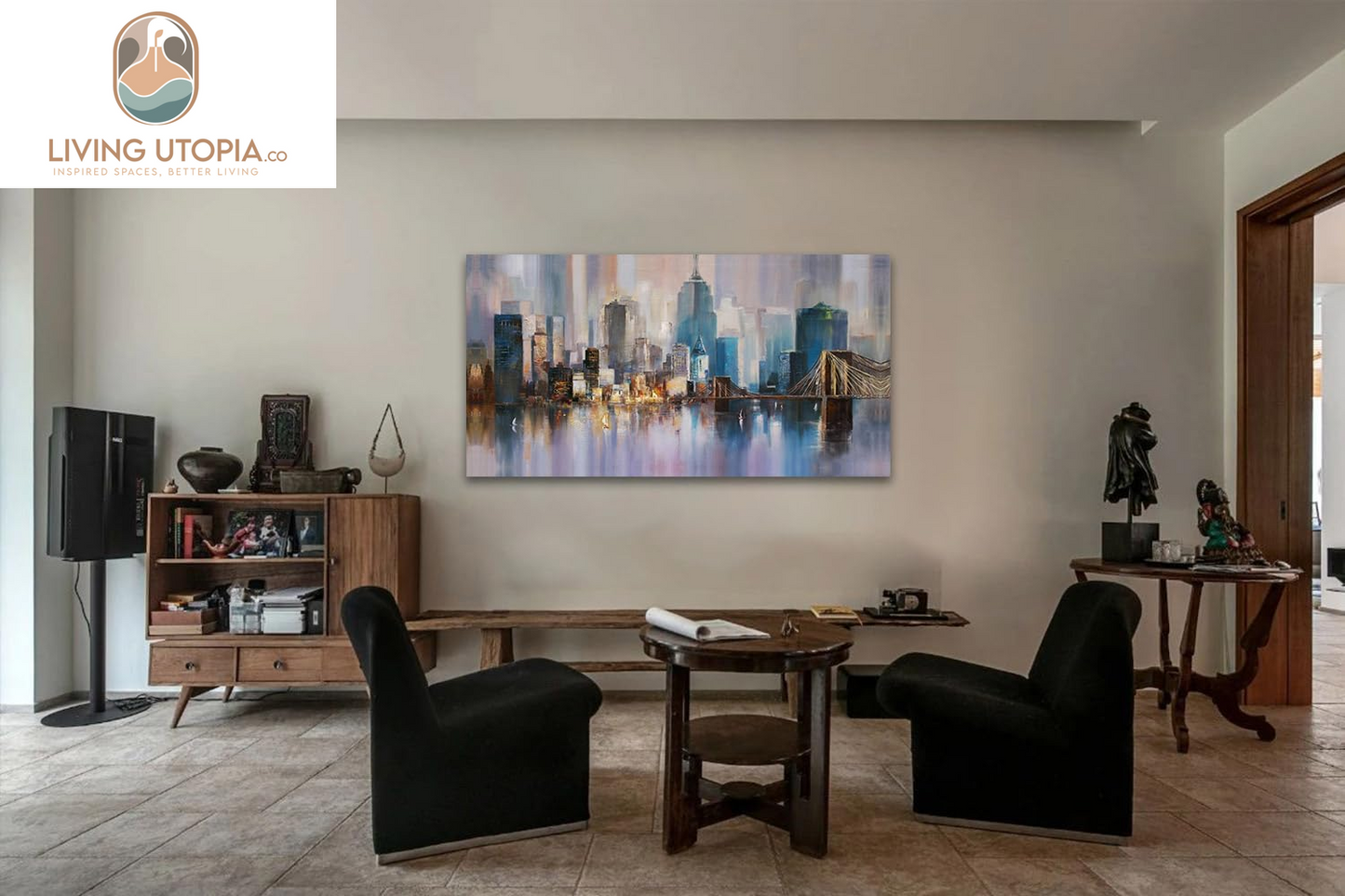 Cityscape Canvas Wall Art Abstract Skyline New York City Painting Prints, Modern Grey Brooklyn Bridge Colorful NYC Picture Framed for Bedroom Living Room Home Office Wall Decor, Large 48"X24"