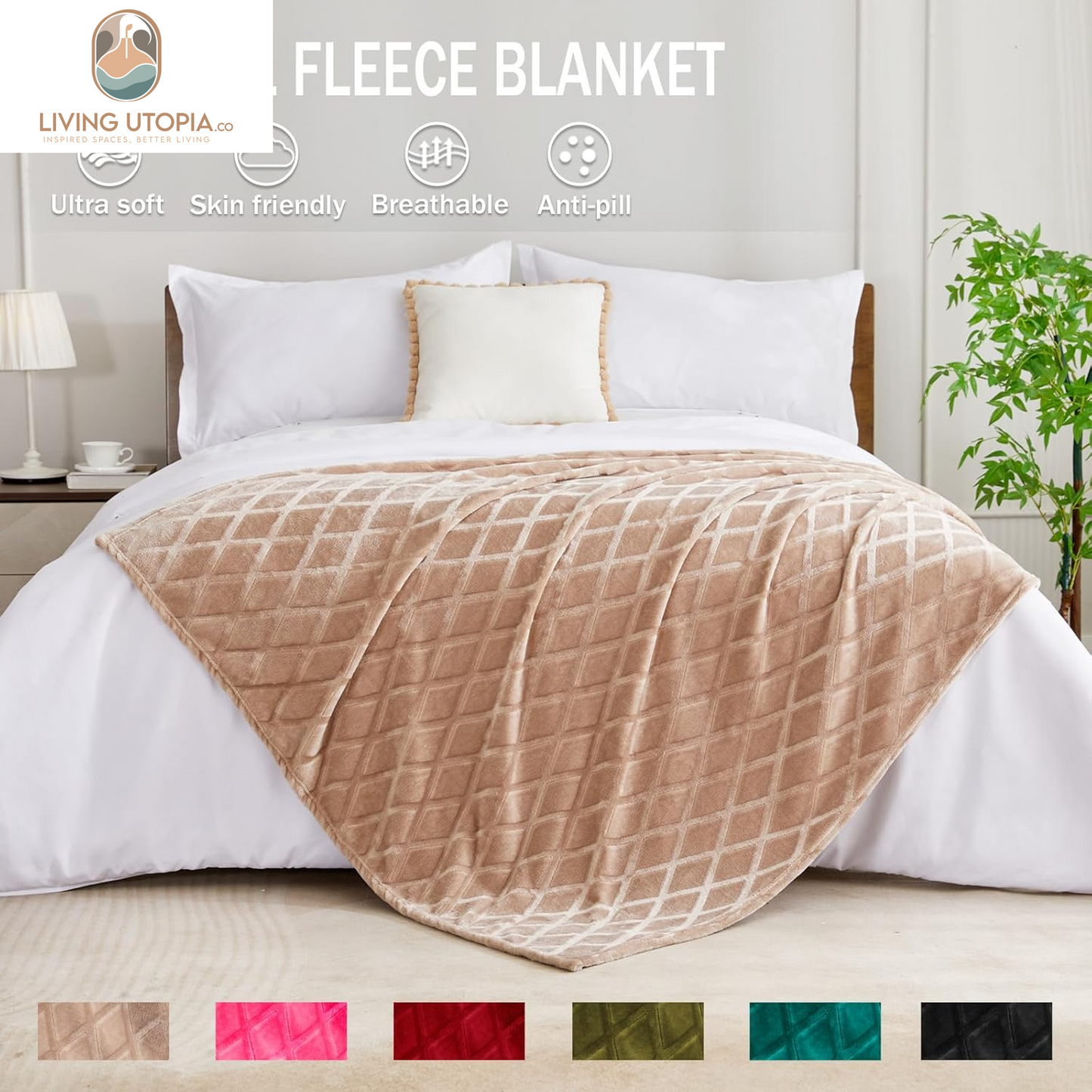Soft Throw Blanket for Couch, 50X70 Inches Flannel Fleece Blanket, Decorative Geometry Pattern, Lightweight Plush for All Season, Camel