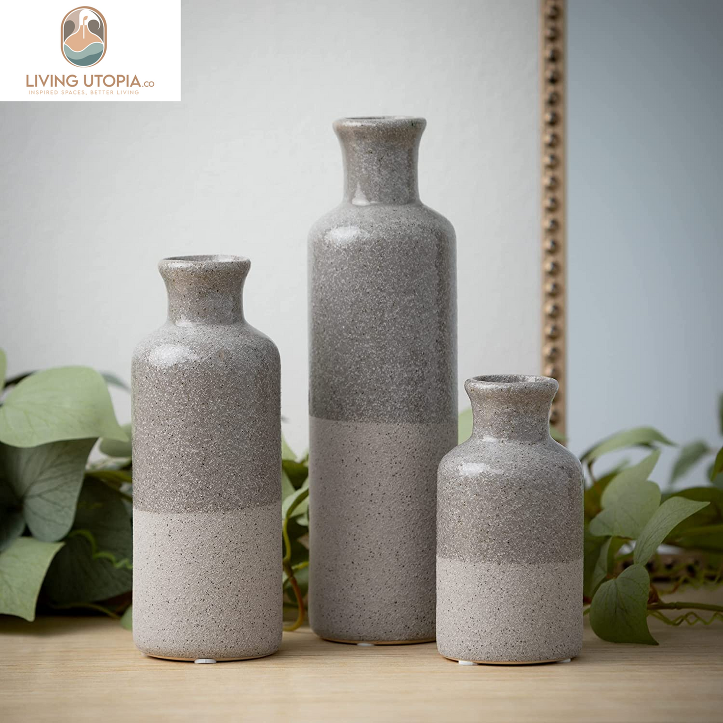 Two-Toned Grey Ceramic Vase Set, Farmhouse Decor, Home Decorative Vases for Your Kitchen, Bedroom, Office, Living Room, Bathroom, & Shelf Centerpiece Table Decorations (CM2859)