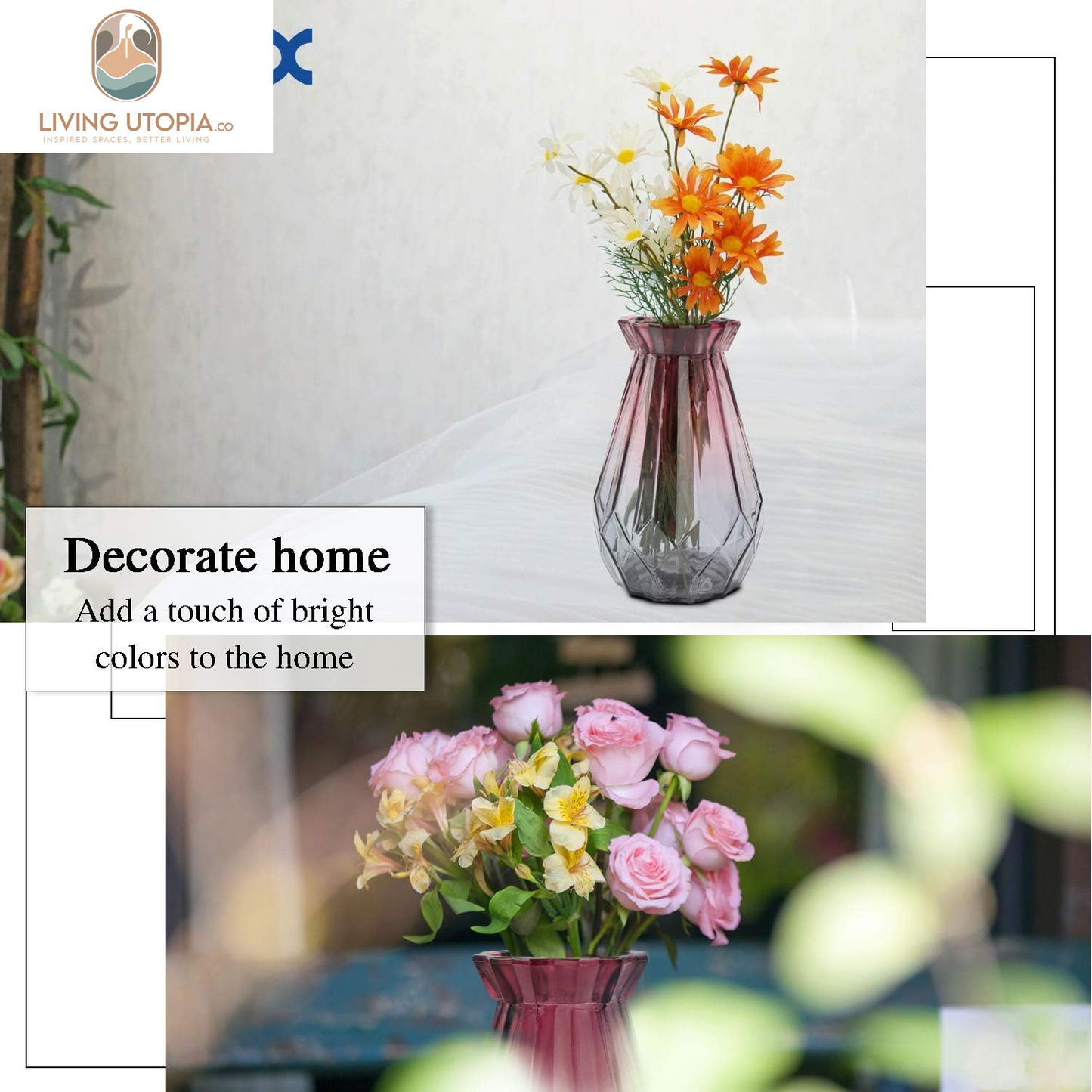 Glass Vase Gradient Multicolor with Geometric Faceted Design Floral Vase for Weddings, Events, Decorating, Arrangements, Flowers, Office, or Home Decor