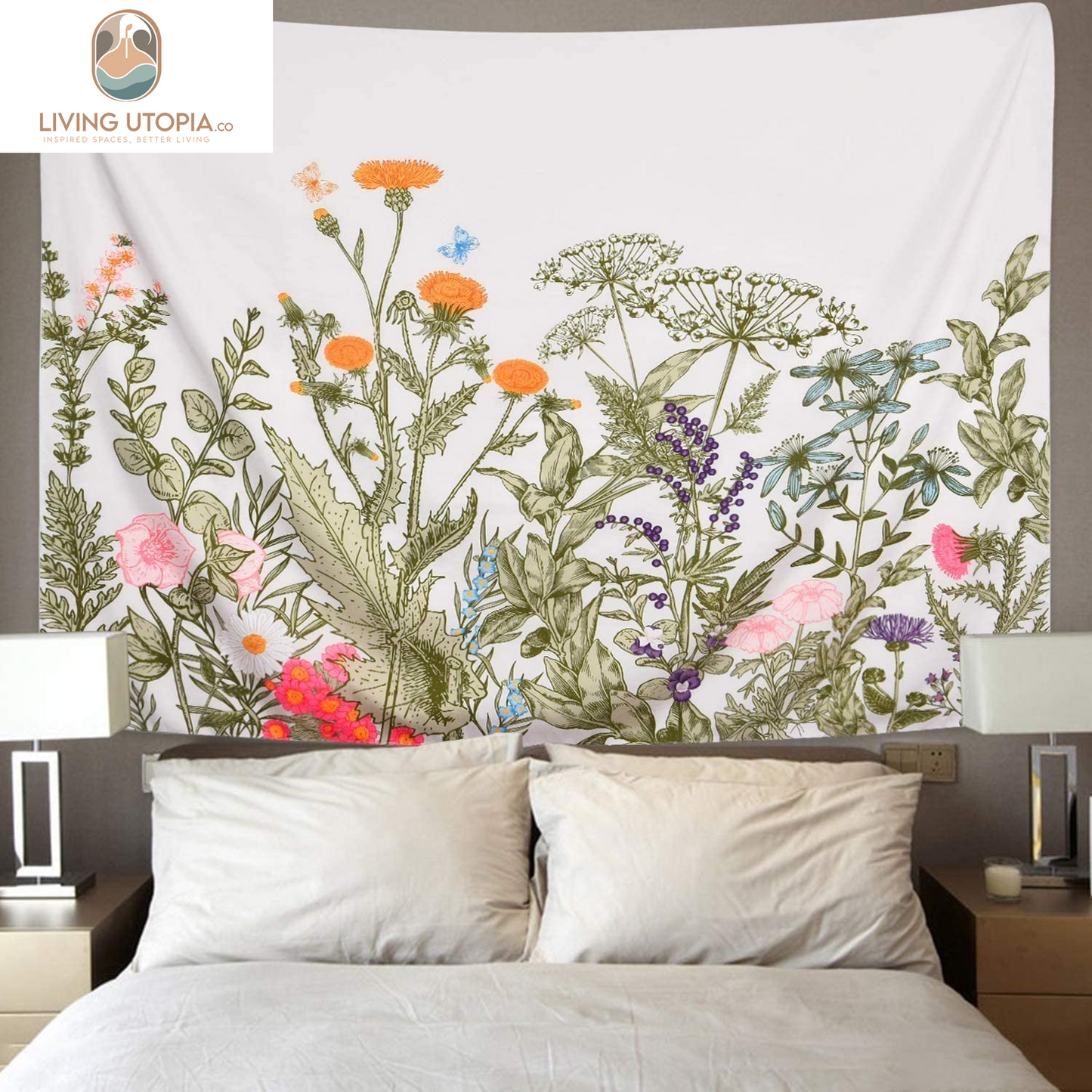 Colorful Floral Plants Tapestry Vintage Herbs Wild Flowers Wall Hanging Nature Scenery for Living Room Bedroom