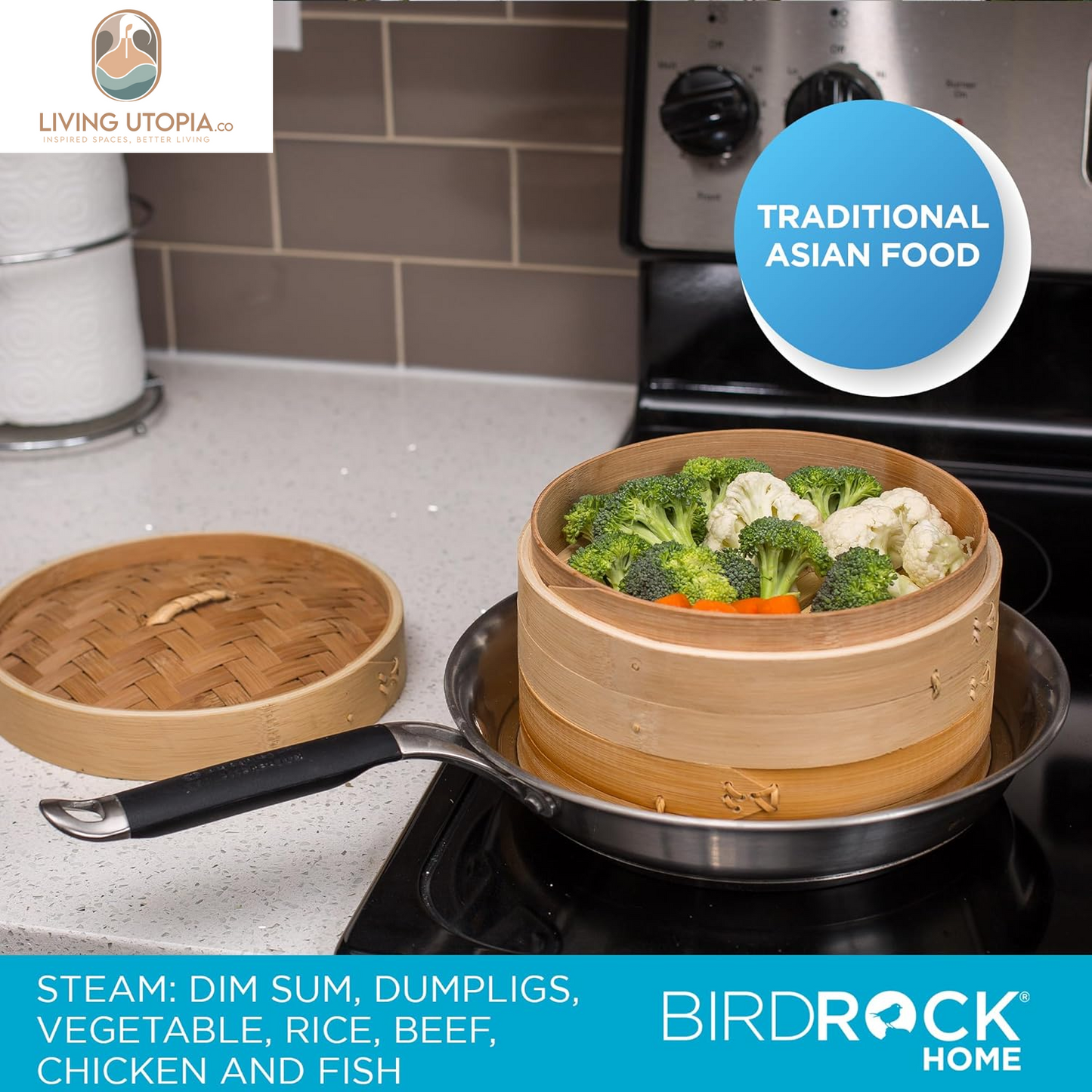 10-Inch Bamboo Steamer - Classic 2 Tier Design for Steaming Veggies, Dumplings, Dim Sum, Chicken, Fish, & Asian Food - Natural Eco-Friendly Steaming Basket, Ideal for Healthy Cooking