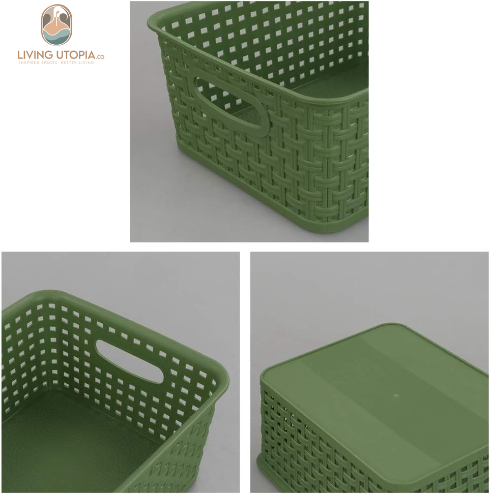 Plastic Weave Storage Baskets for Kitchen Bathroom, Green, 6 Packs