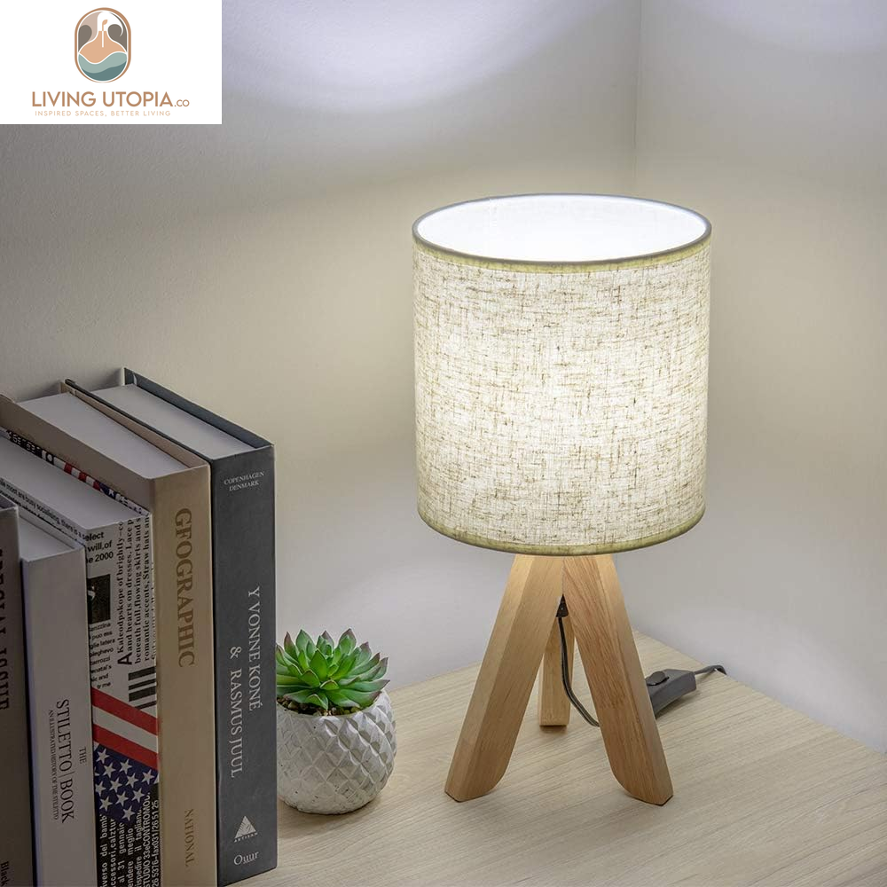 Small Bedside Table Lamp - Wooden Tripod Nightstand Lamp for Bedroom, Living Room, Office, Home with Fabric Linen Shade - 13.4 Inches (Without Bulb)