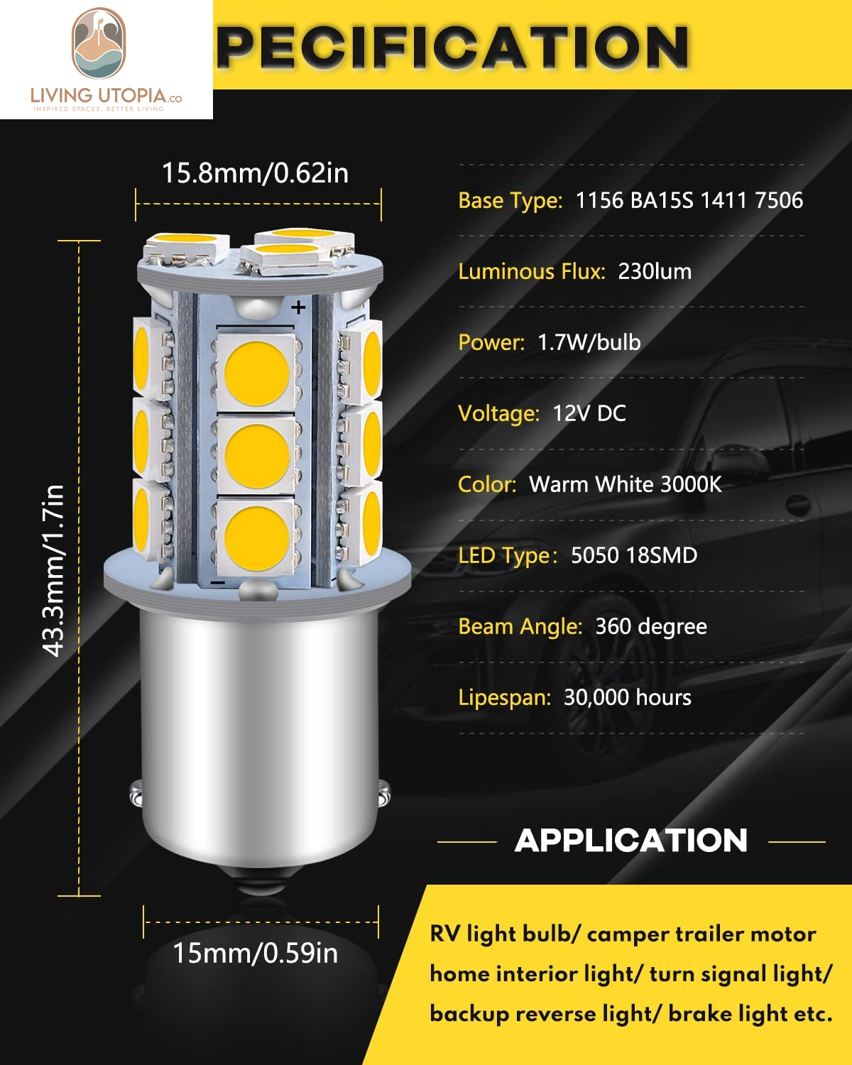 1156 LED Bulb Warm White 1141 LED Bulbs RV Light Bulbs Interior 1073 7506 1003 BA15S Bulb for 12V Camper Travel Trailer Boat Motorhome Interior Lights, Pack of 10