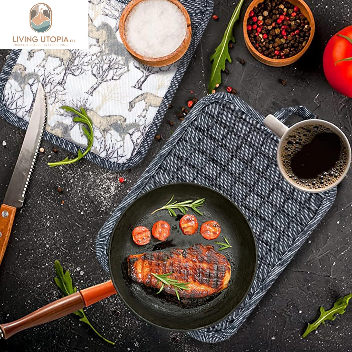 Pot Holders Set of 3 Silicone Printing Non Slip Heat Resistant, Yarm-Dyed Hot Pads Cotton Home Kitchen Cooking Barbecue Microwave Women Men Machine Washable BBQ Grilling. (Gray Potholders)