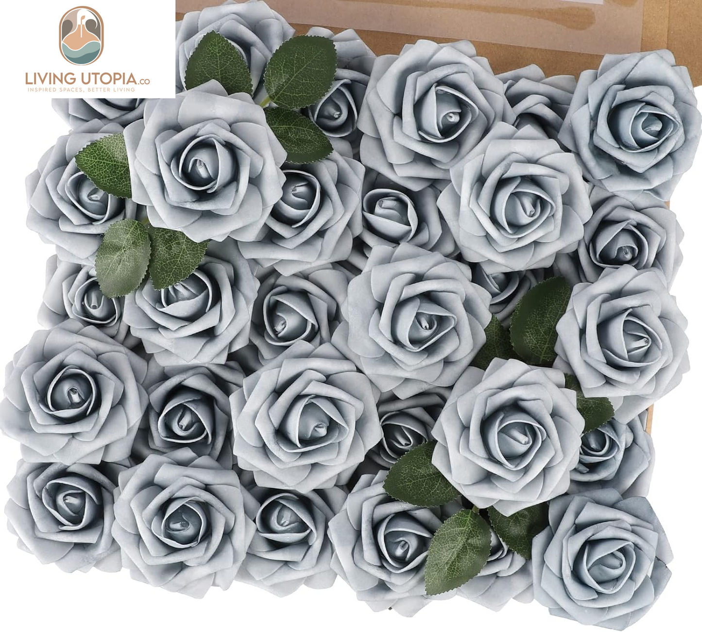 Artificial Rose Flowers 30PCS Fake Flowers with Stem Real Touch Foam Roses for DIY Wedding Bouquet Table Centerpieces Arrangements Party Baby Shower Home Spring Decorations(Dusty Blue)