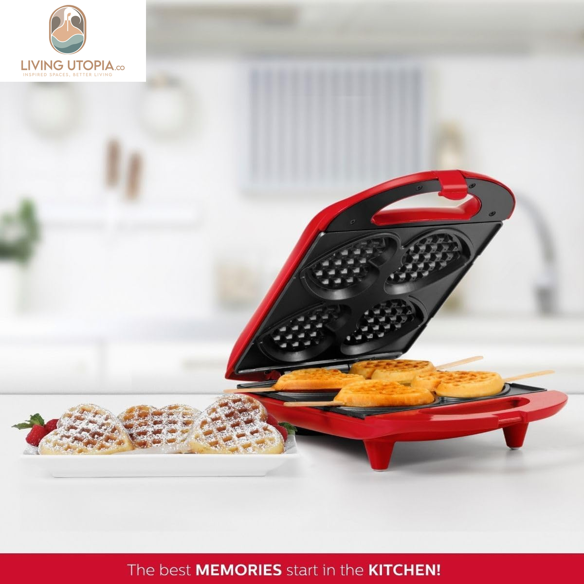 - Non-Stick Heart Waffle Maker, Red - Makes 4 Heart-Shaped Waffles in Minutes