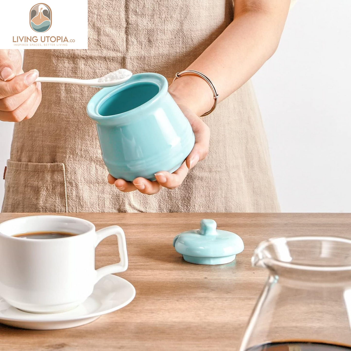 Sugar Bowl with Lid and Spoon,12Oz Ceramic Sugar Holder for Coffee Bar, Countertop, Sugar and Creamer Bowl, Kitchen Accessories and Decor, Teal
