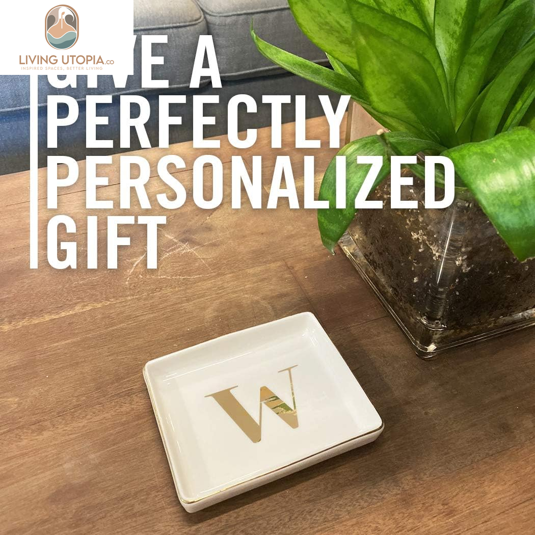 Jewelry Tray Ring Dish with Initial Gift | Personalized Jewelry Dish and Trinket Dish with Gold Initials Key Bowl Ceramic Holder (Letter W)