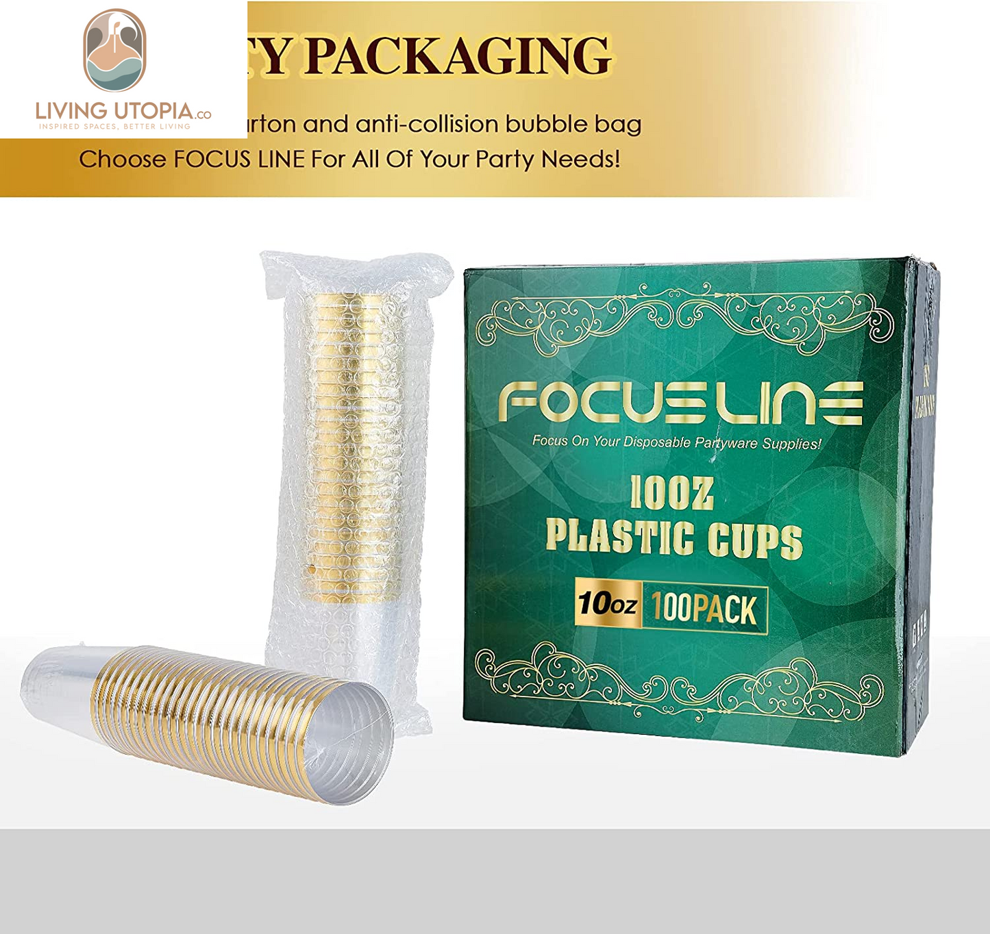 10 Oz Gold Plastic Cups, Disposable Clear Fancy Hard Plastic Cups, Gold Rimmed, Heavy Duty, Reusable,100 Count