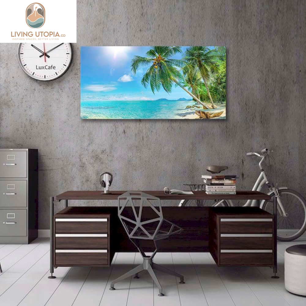 Canvas Wall Art for Living Room Tropical Palm Tree Summer Artwork Blue Sky Ocean Themed Coconut Trees Seascape Painting Nature Scenery Picture for Bedroom Bathroom Home Office Decor 40L X 20W