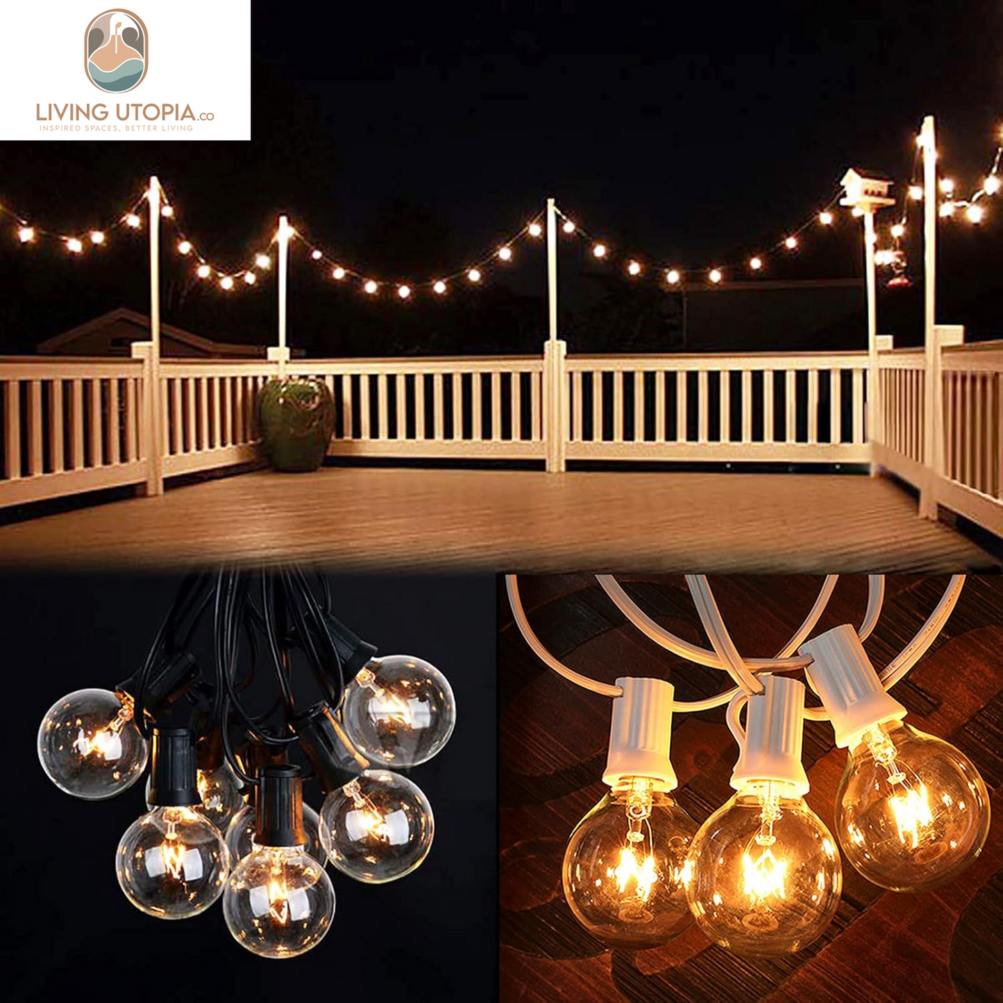 Outdoor String Light G40-100Ft with 105 Edison Glass Bulbs, 5W, E12 Socket Base, UL Listed Waterproof for Patio Lights Bars Party Decor, White