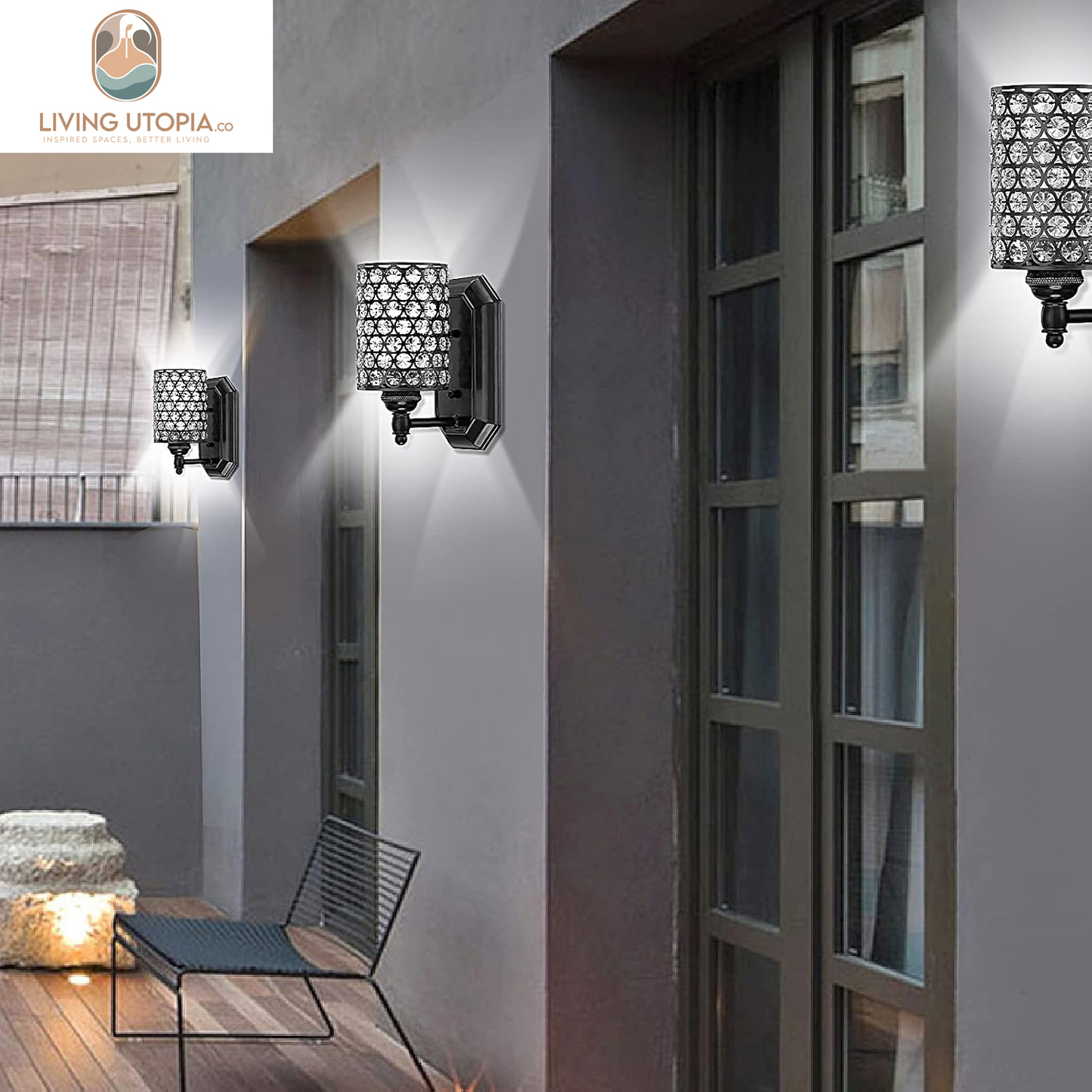 2 Pack 1 Light Crystal Wall Sconce Lighting with Black Finish,Modern Concise Style Wall Light Fixture Polyhedral Crystal Shade for Bathroom, Bedroom Living Room Bedside