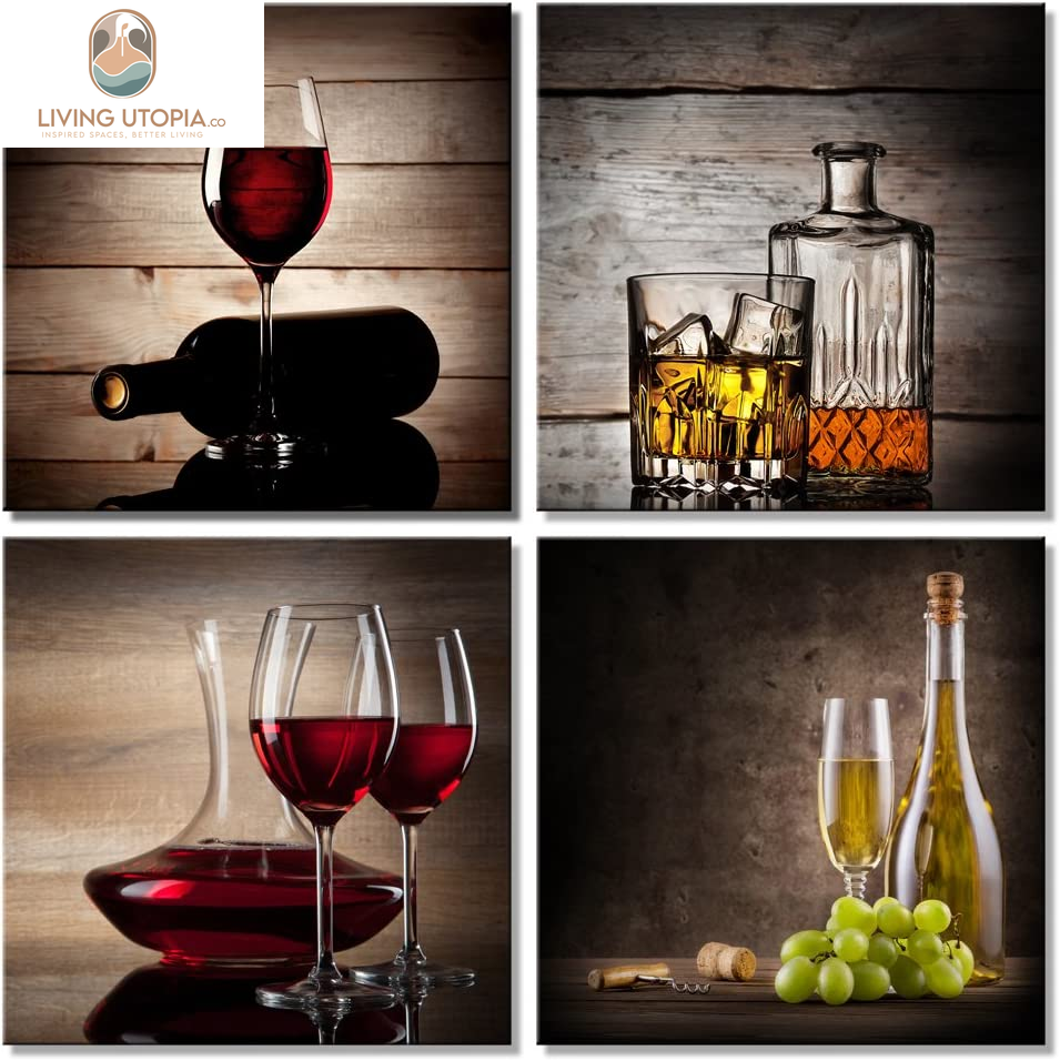 Red Wine Cups Modern Kitchen Wall Art Dinning Room Wall Decor 4 Panels Abstract Canvas Prints Artwork Contemporary Vintage Pictures Paintings on Canvas Wall Art for Kitchen Home
